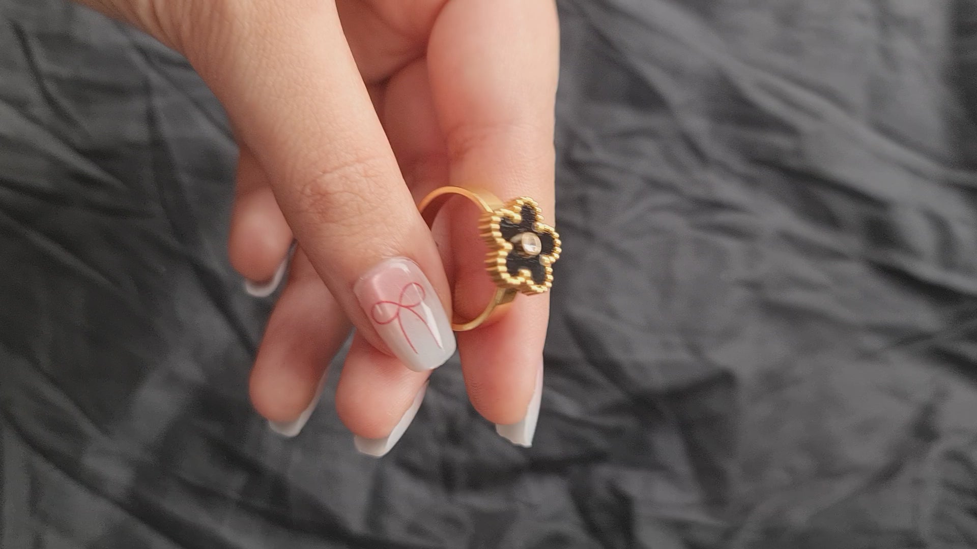 Black Enamel Flower Gold Toned Ring Stainless Steel