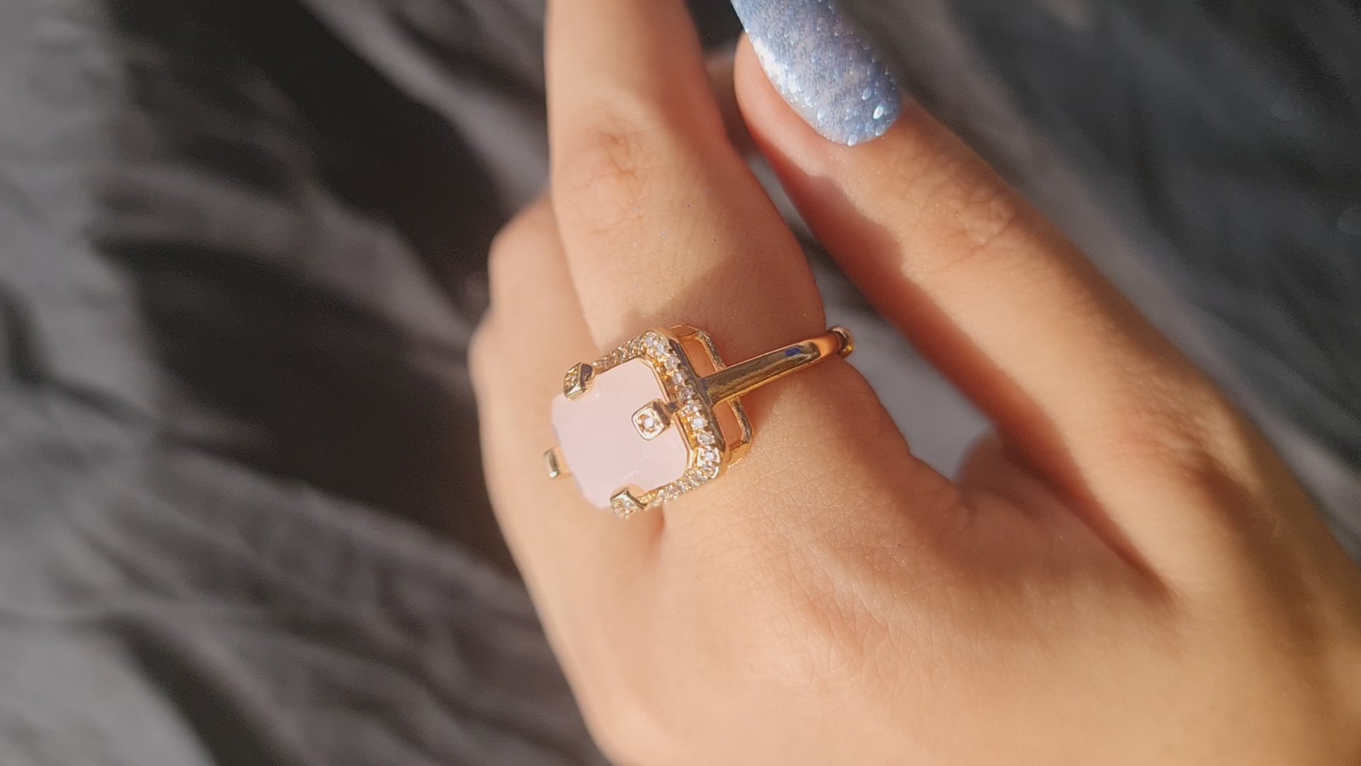 Gold Toned Ring With Rectangular Pink Stone