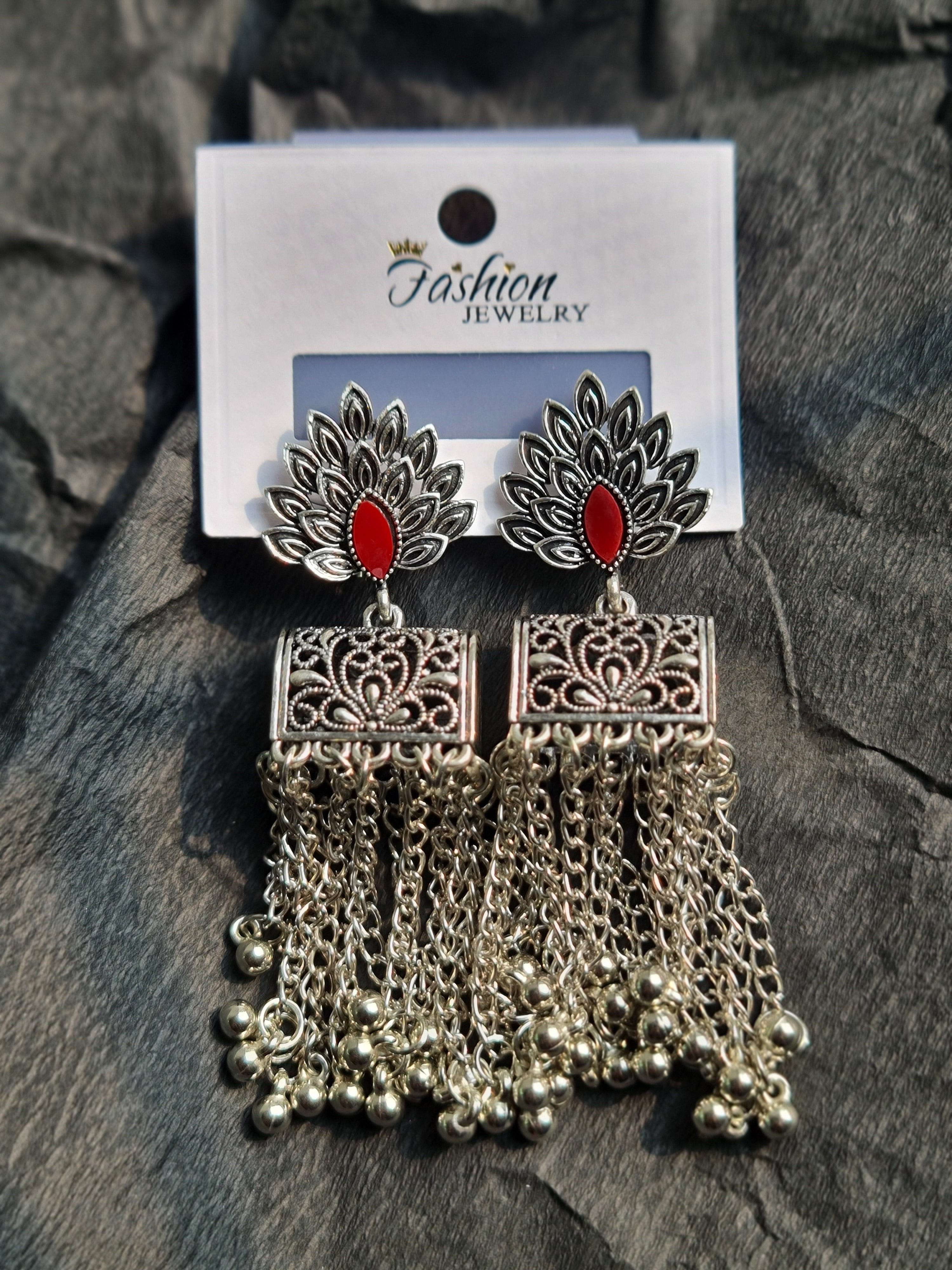 Oxidised Silver Jhumka Earrings With Red Stones