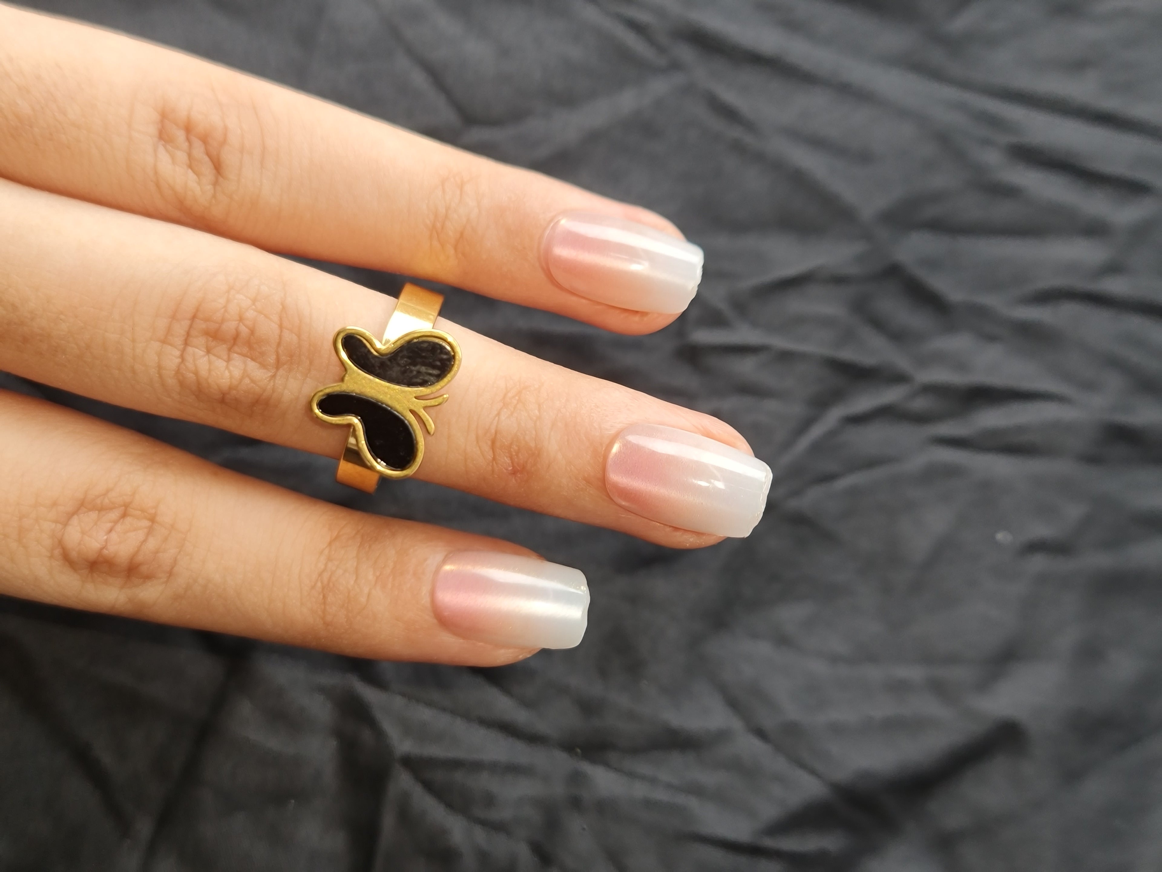 Stainless Steel Gold Toned Butterfly Ring with Black Inlay