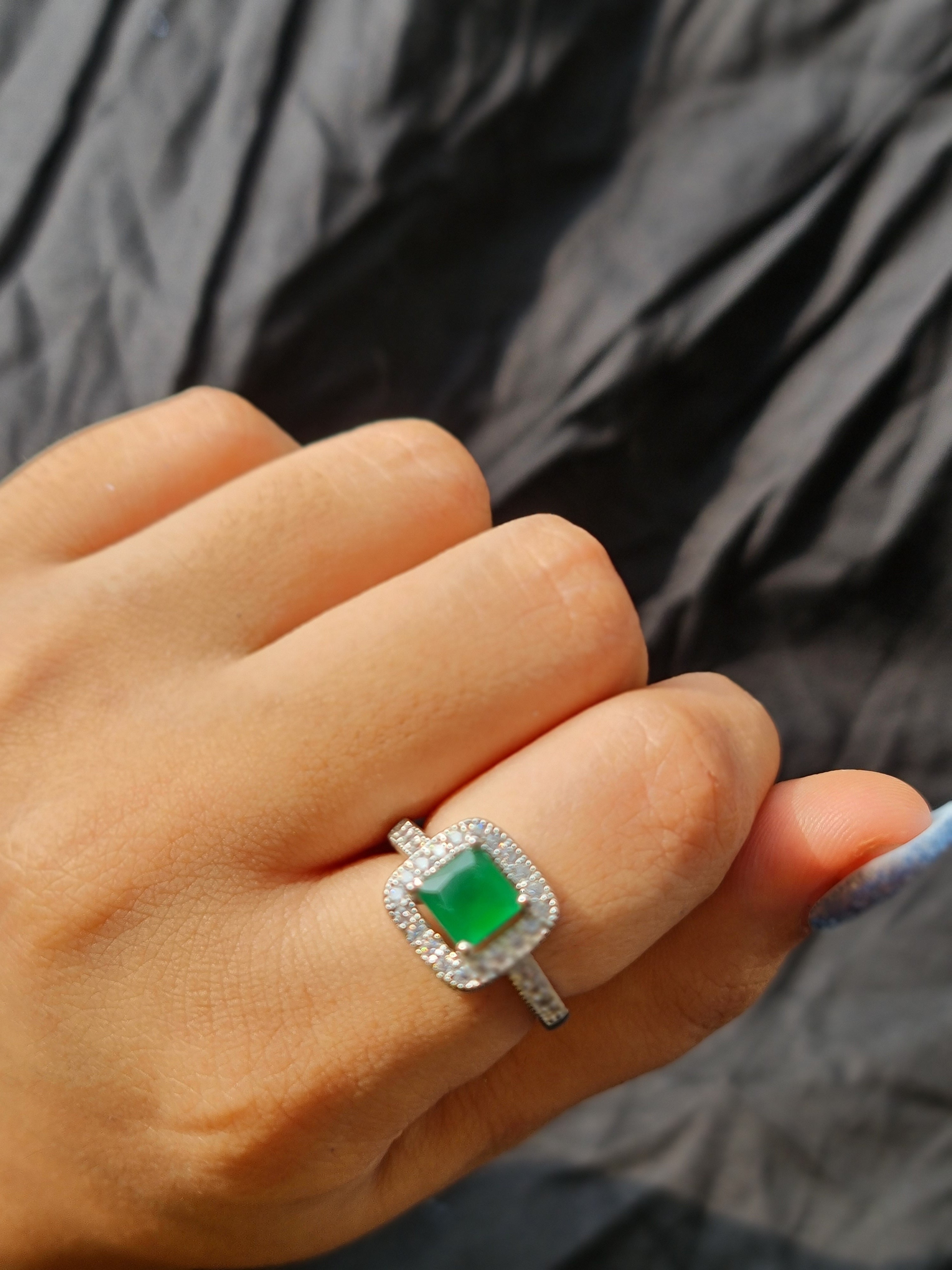 Green Stone Halo Adjustable Ring