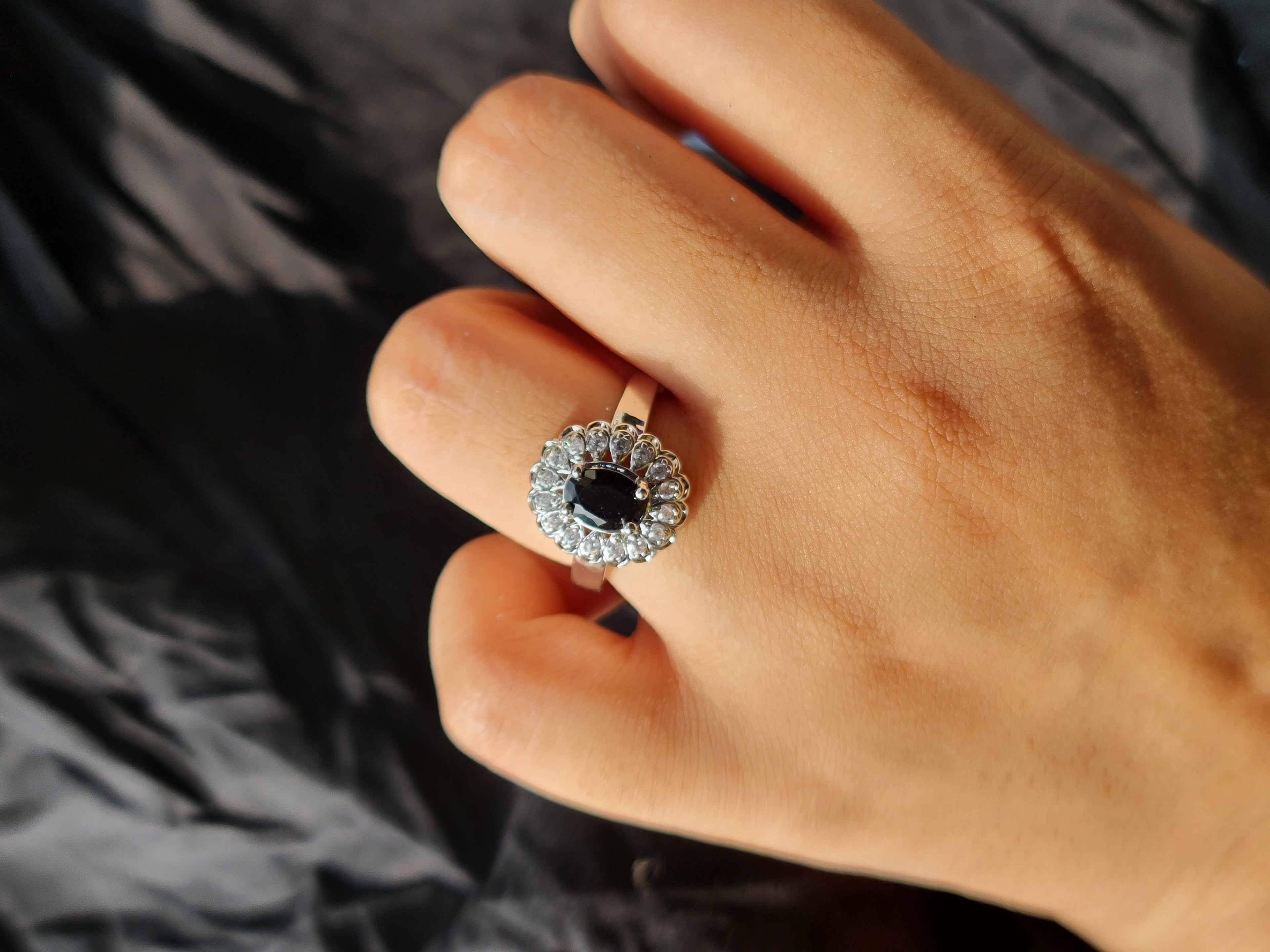 Black Oval Stone Silver Zirconia Ring