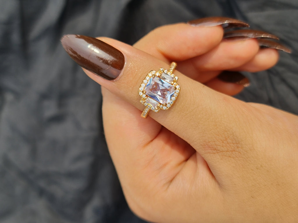 Golden Princess-Cut Cubic Zirconia Halo Ring