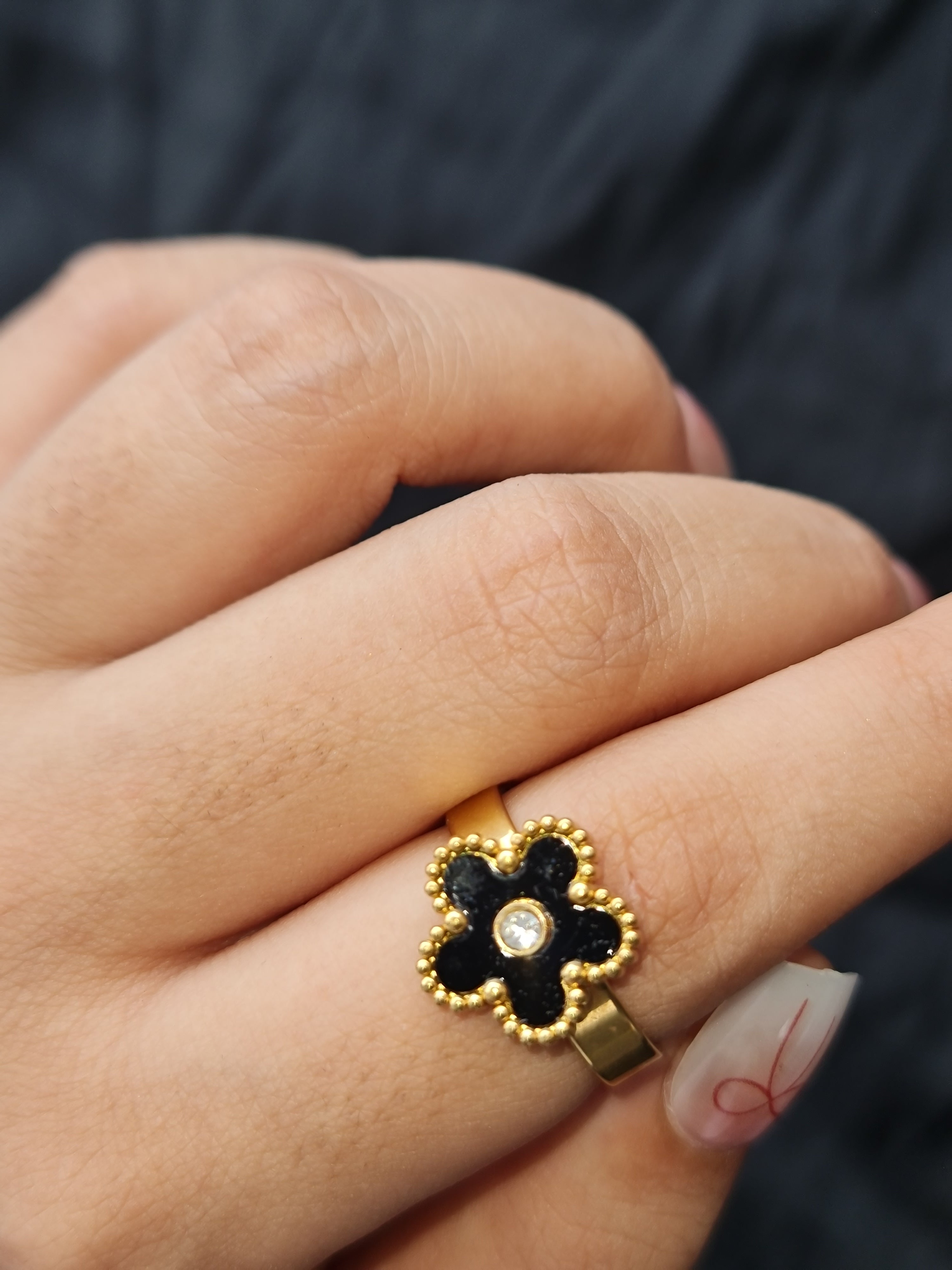 Black Enamel Flower Gold Toned Ring Stainless Steel