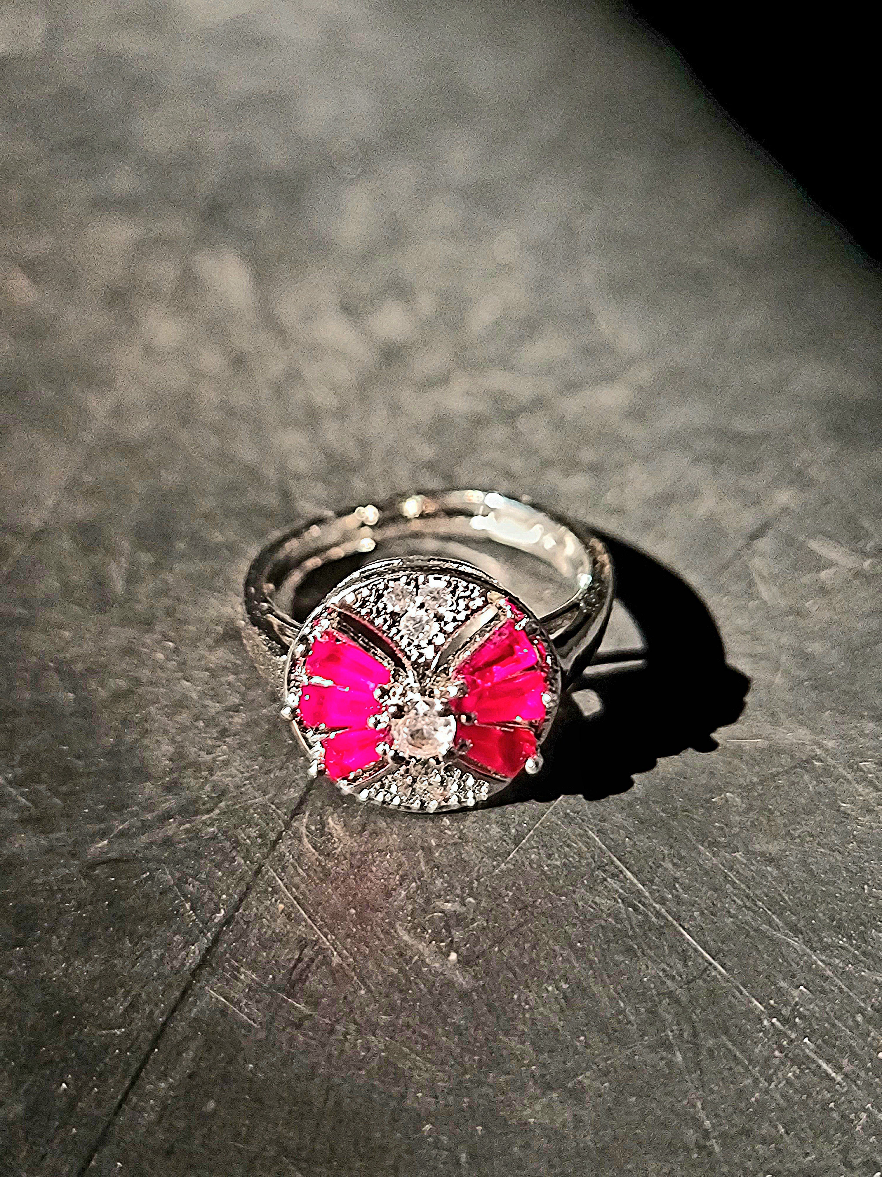 Red Silver Bow Stone Cut Zircon Accents Ring