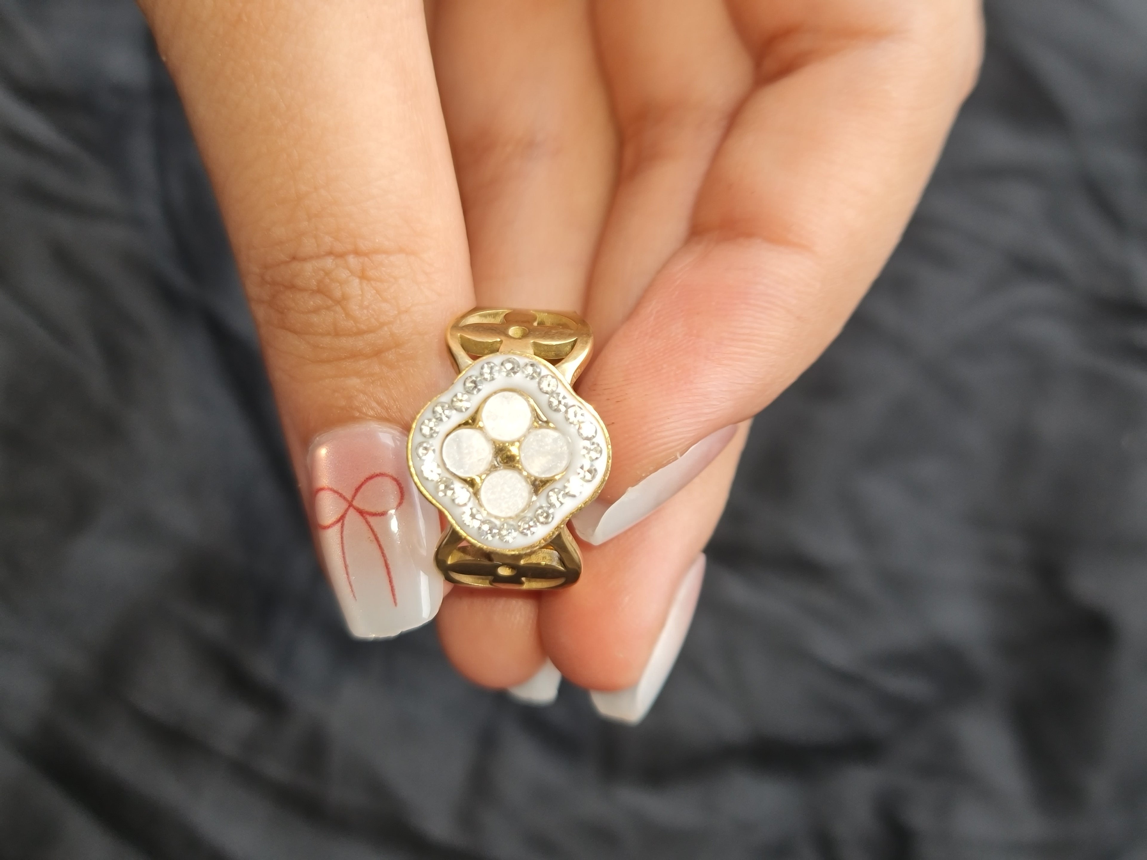 Openwork Floral Cuff Ring with Mother-of Pearl Inlay and Crystals Stainless Steel
