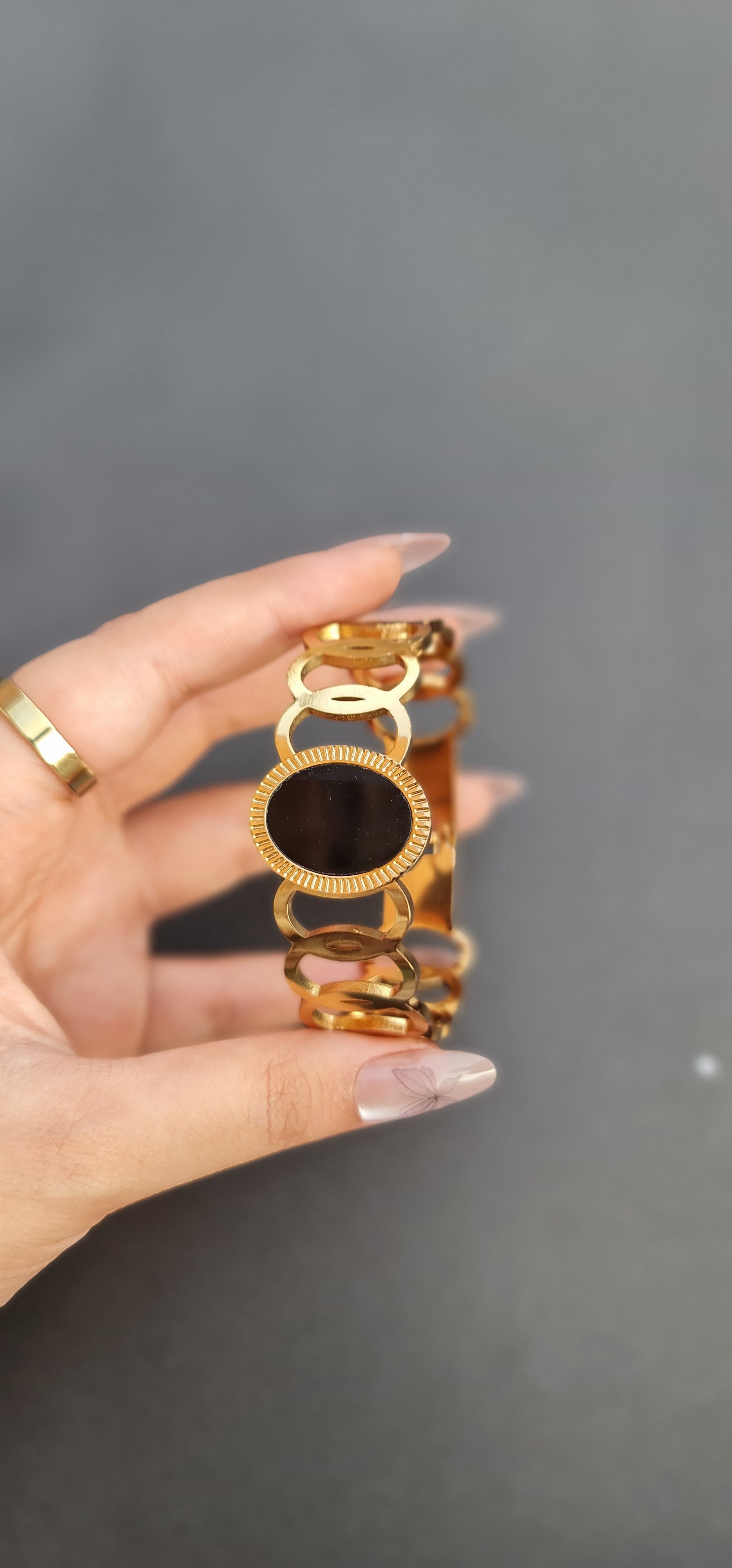 Gold-Toned Stainless Steel Chain Bracelet with Black Inlay