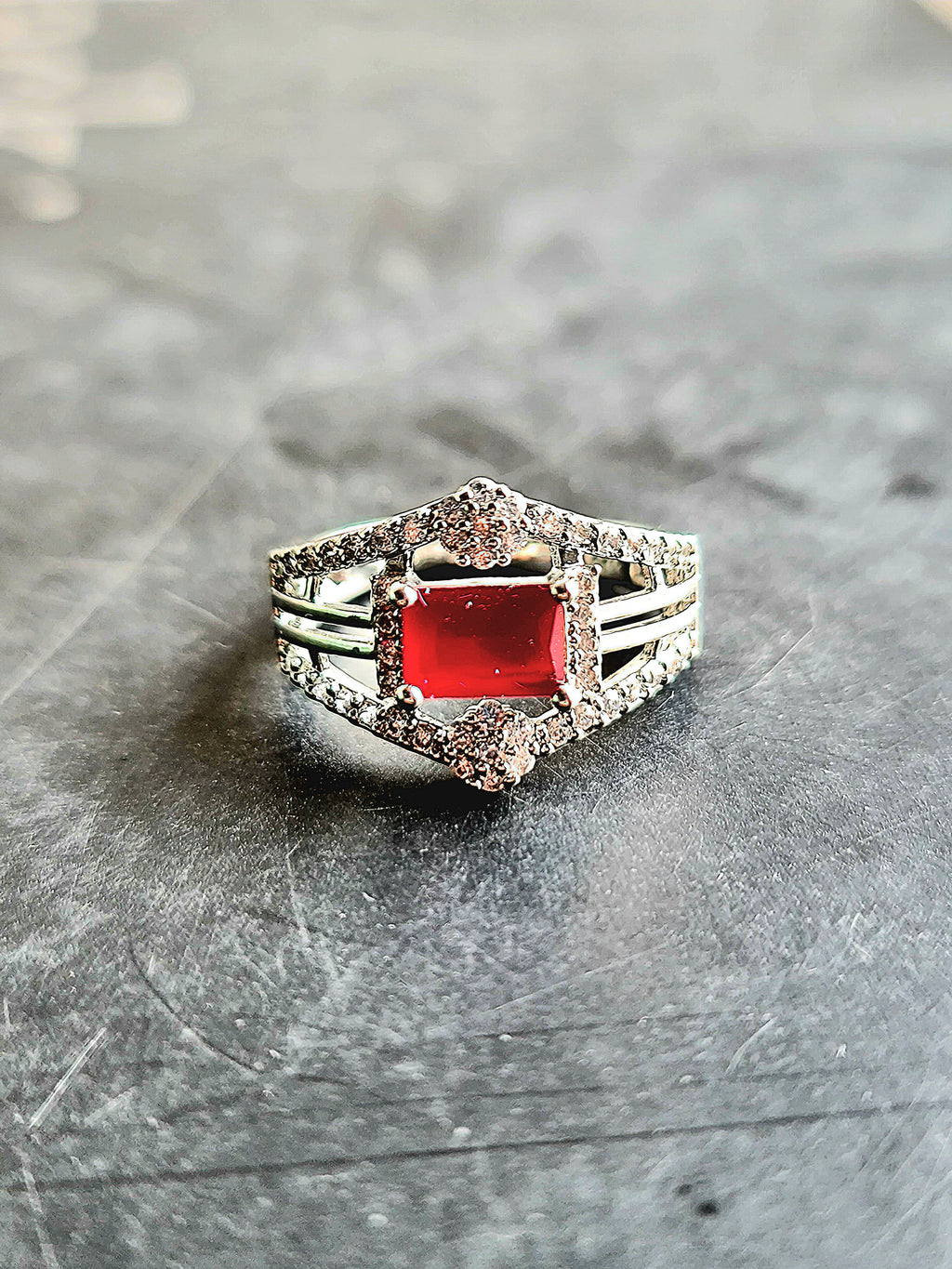 Vibrant Rectangular Cut Ruby Silver Ring