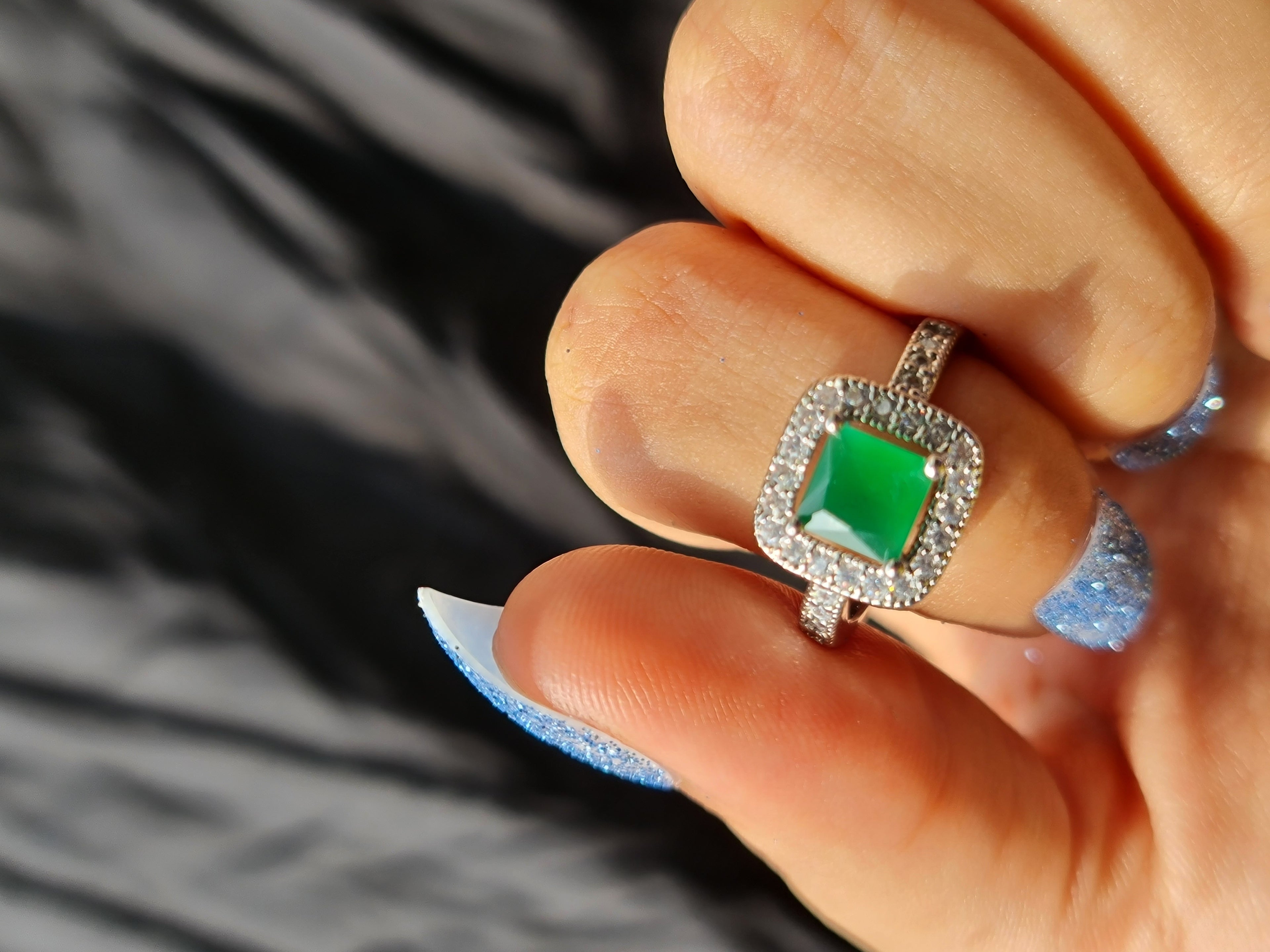 Green Stone Halo Adjustable Ring