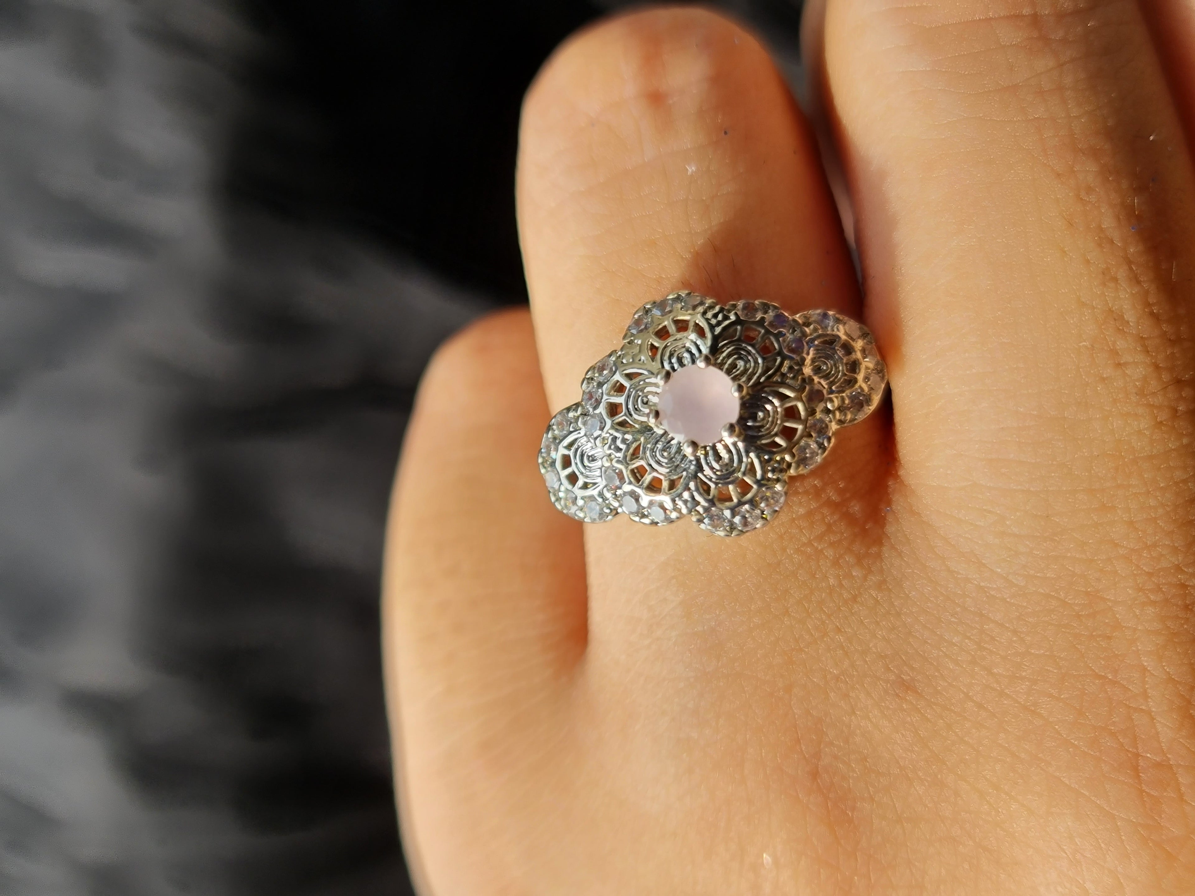 Vintage Filigree Floral Ring with Rose Quartz