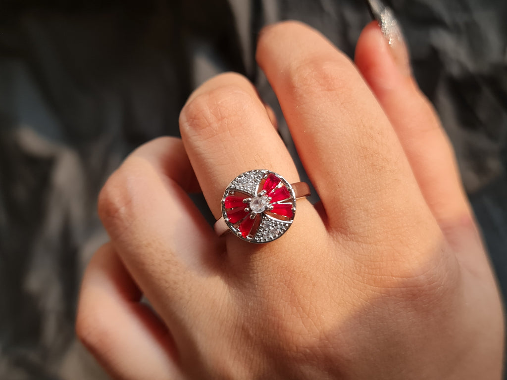 Red Silver Bow Stone Cut Zircon Accents Ring