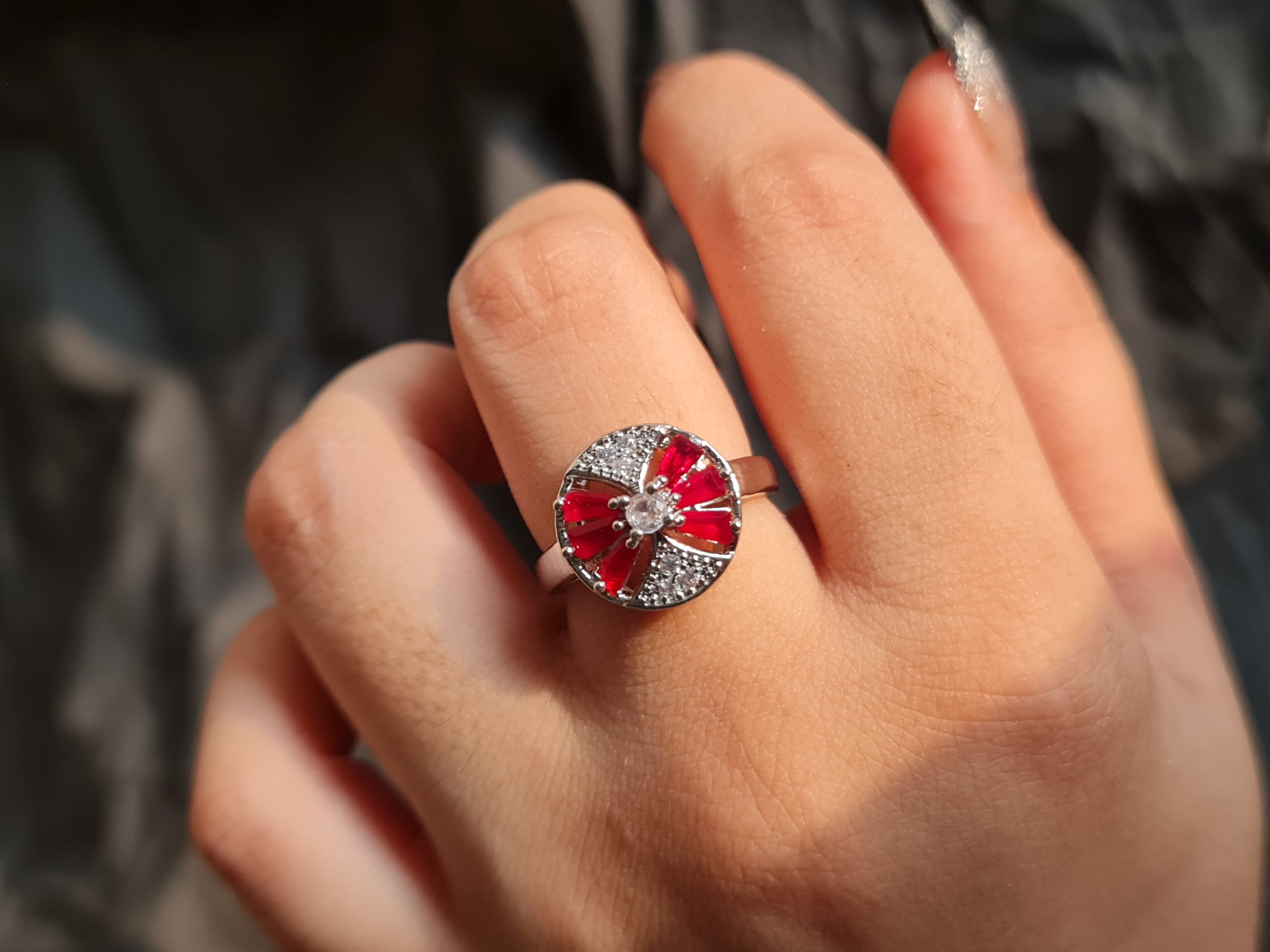 Red Silver Bow Stone Cut Zircon Accents Ring