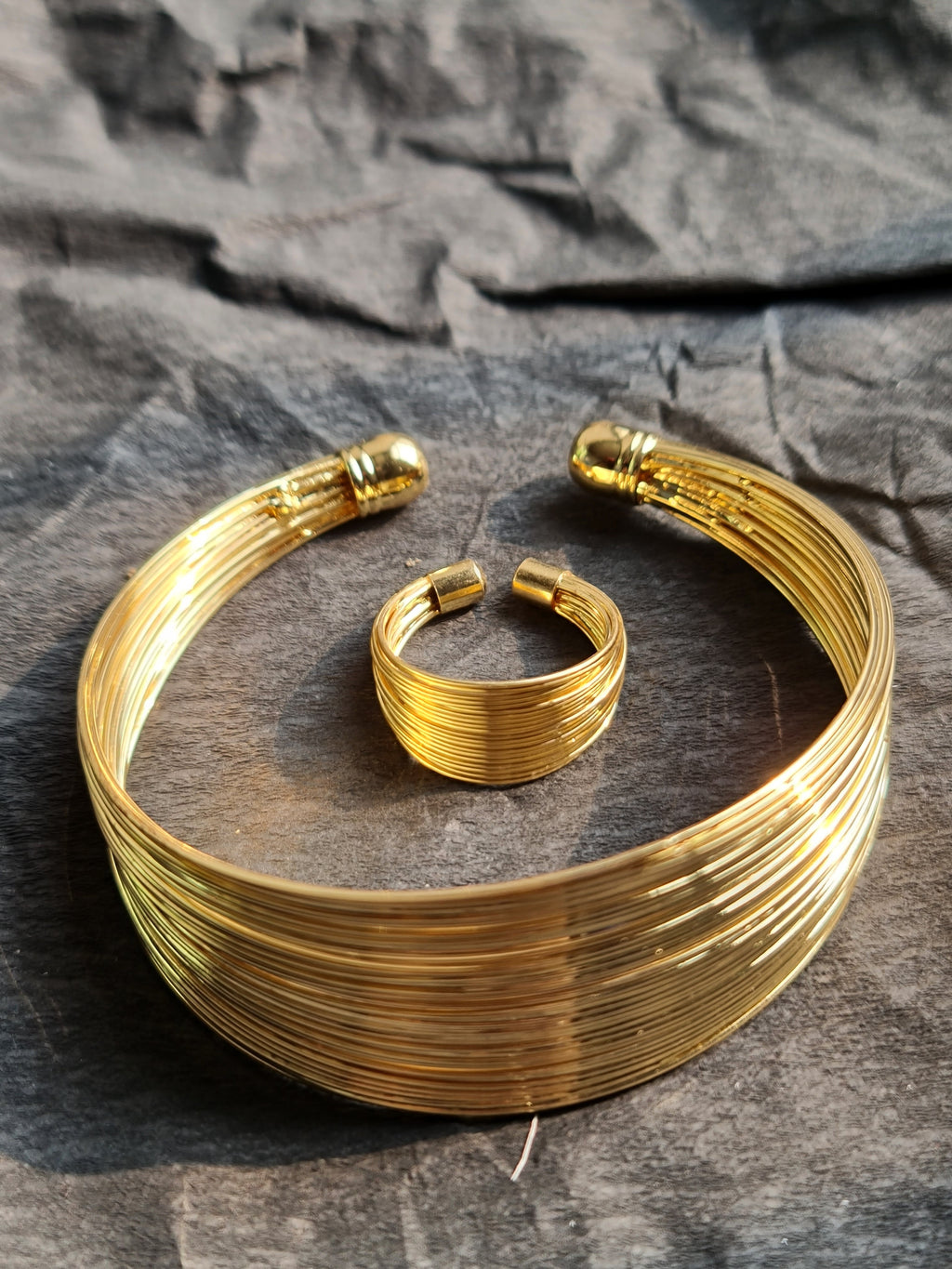 Multi Strand Golden Toned Bangle & Ring Set