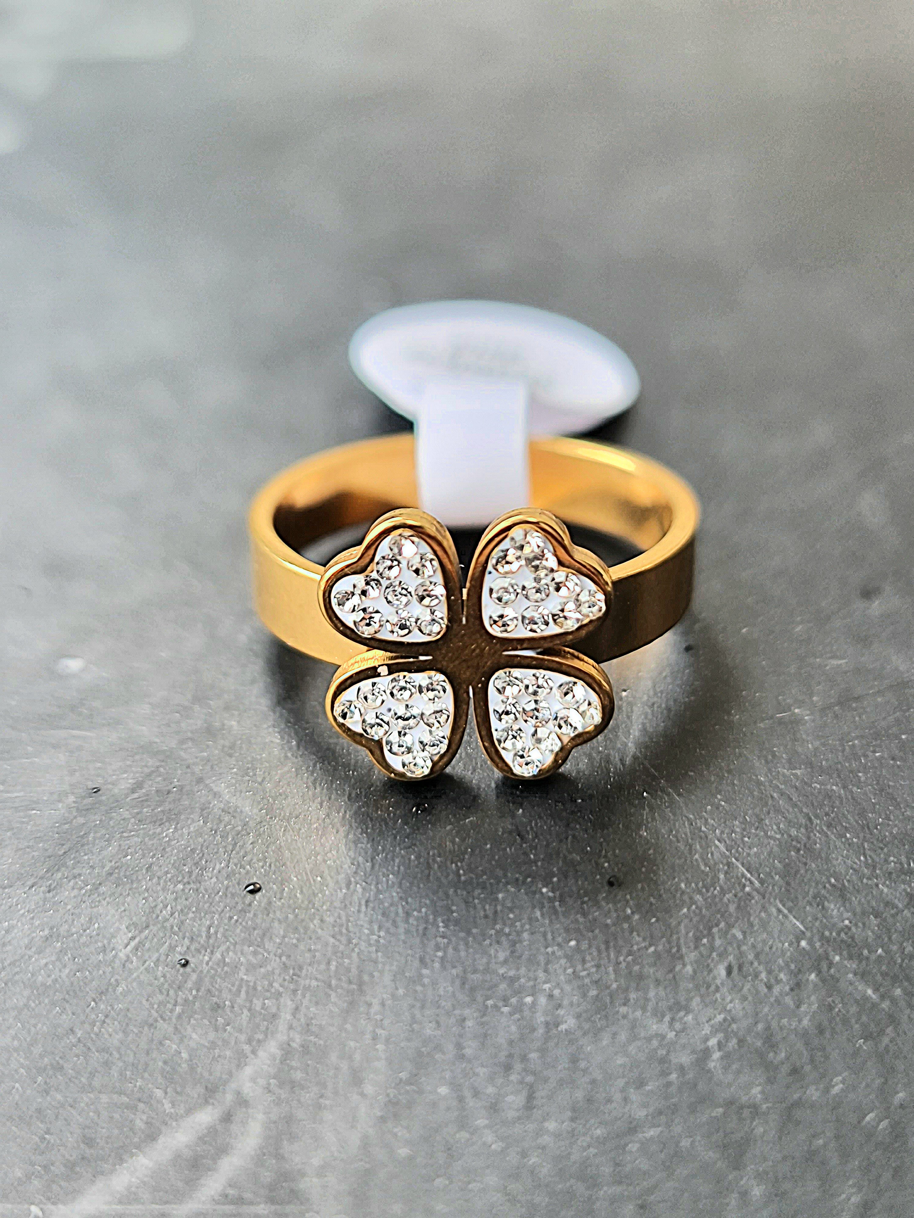 Stainless Steel Gold Toned Four Leaf Clover Ring