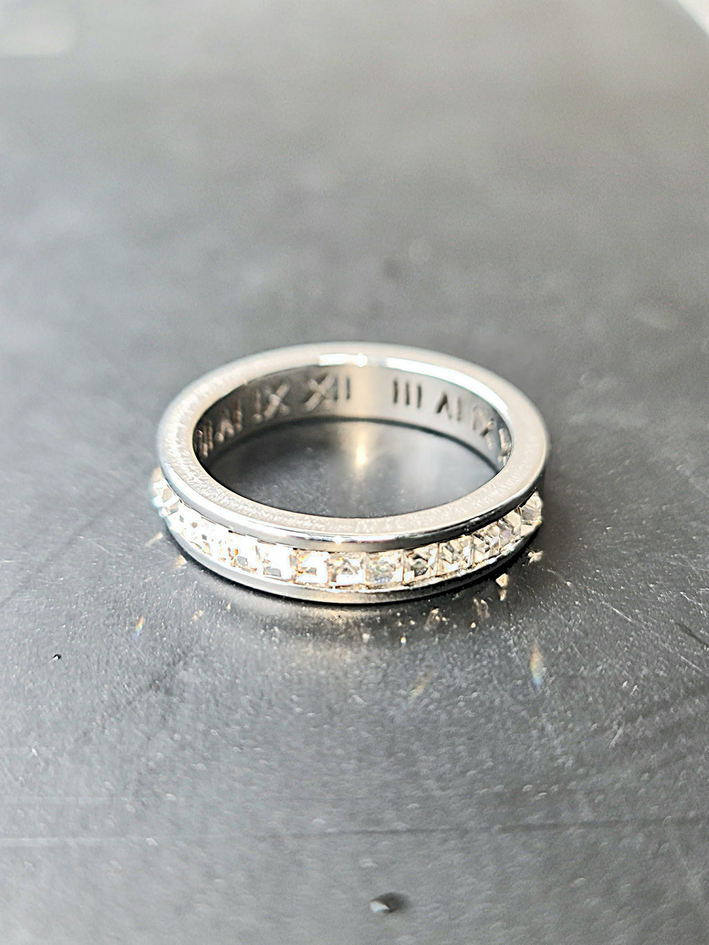 Roman Numeral Band Ring with Pave Crystals Stainless Steel