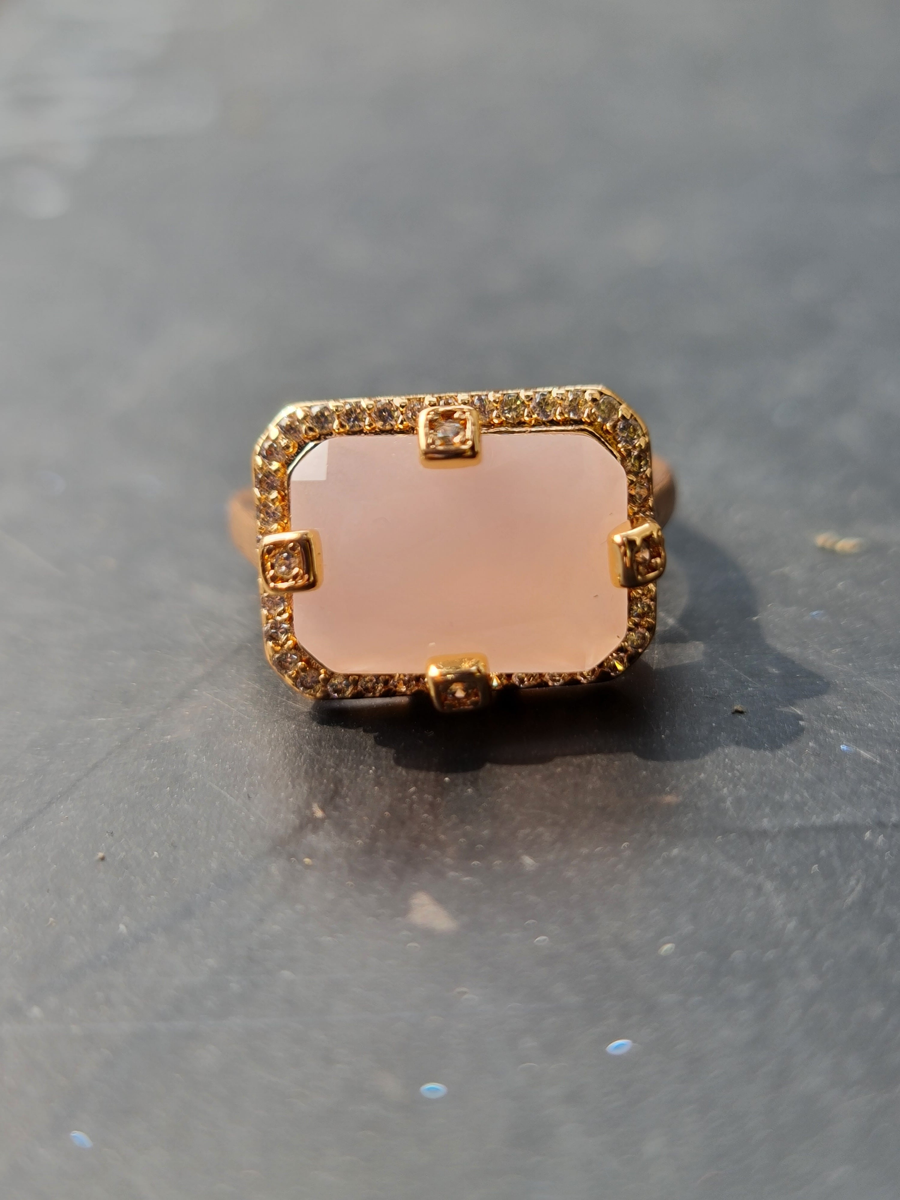 Gold Toned Ring With Rectangular Pink Stone