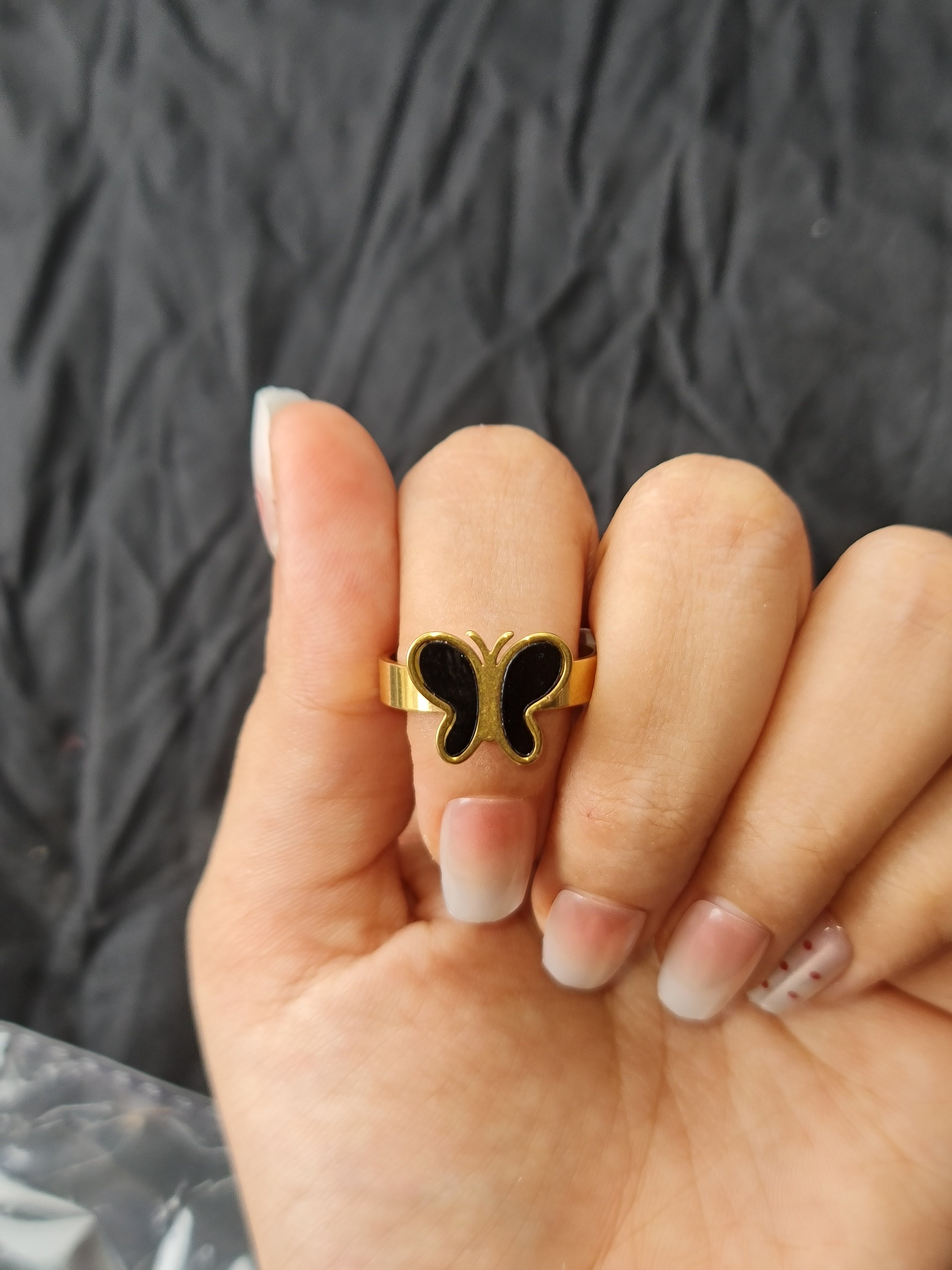 Stainless Steel Gold Toned Butterfly Ring with Black Inlay