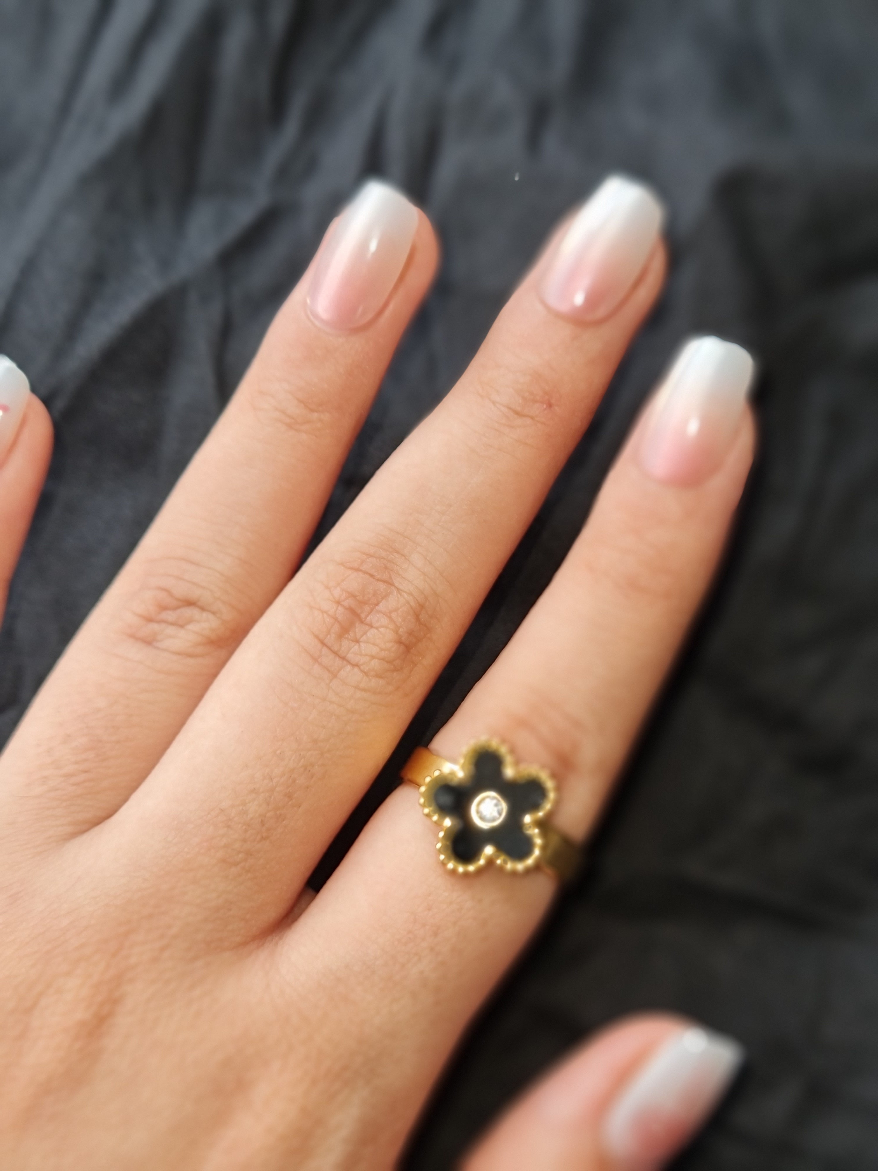 Black Enamel Flower Gold Toned Ring Stainless Steel