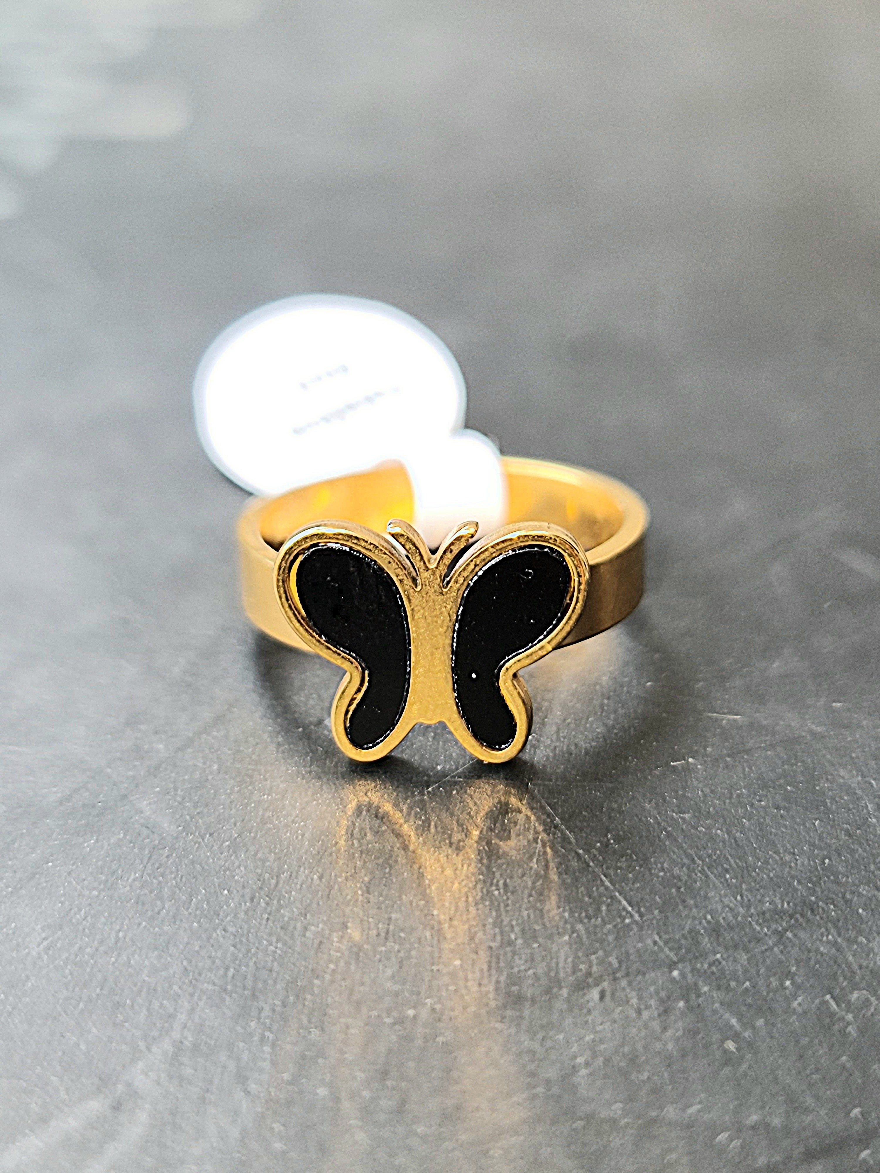 Stainless Steel Gold Toned Butterfly Ring with Black Inlay