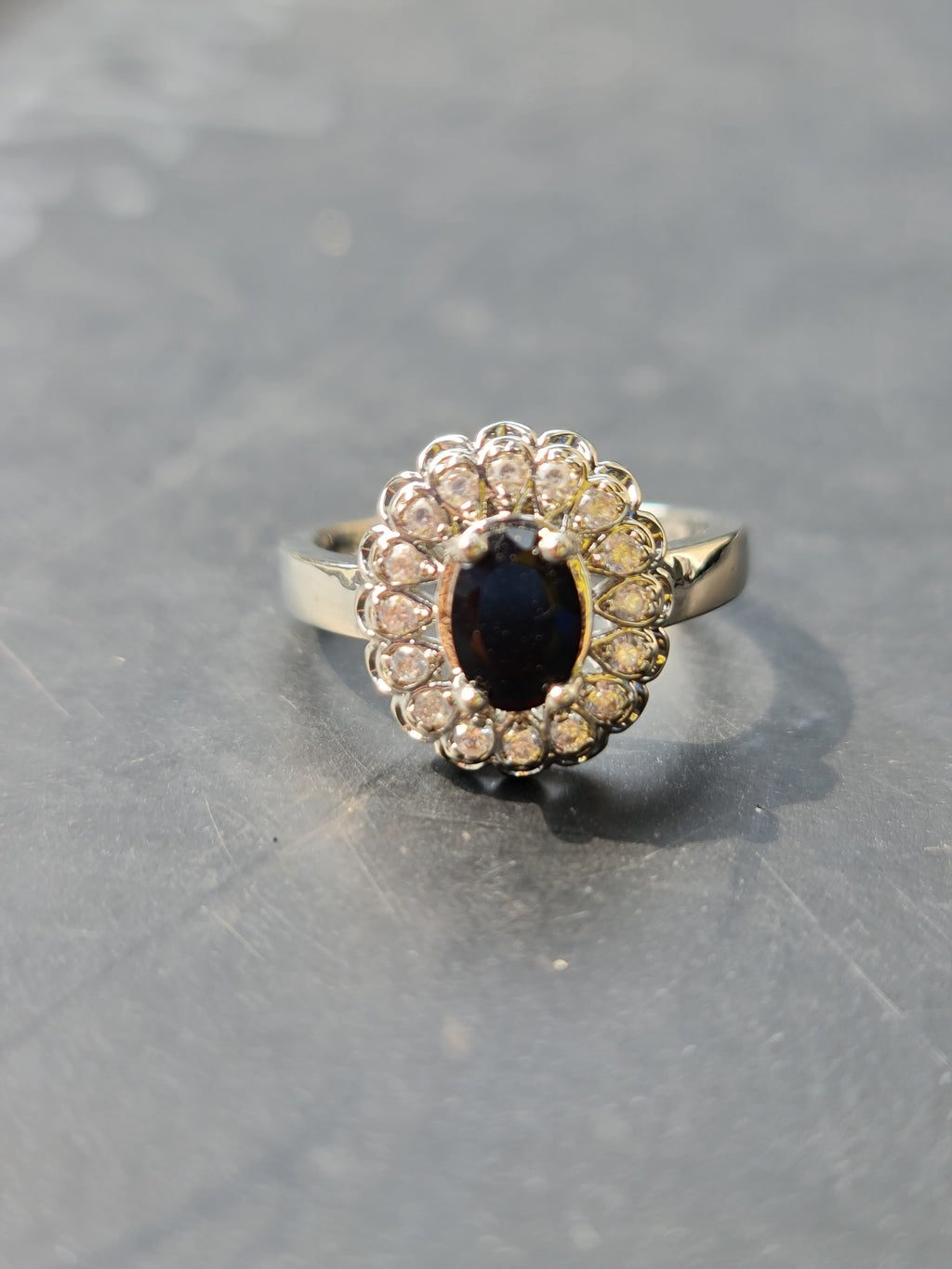 Black Oval Stone Silver Zirconia Ring