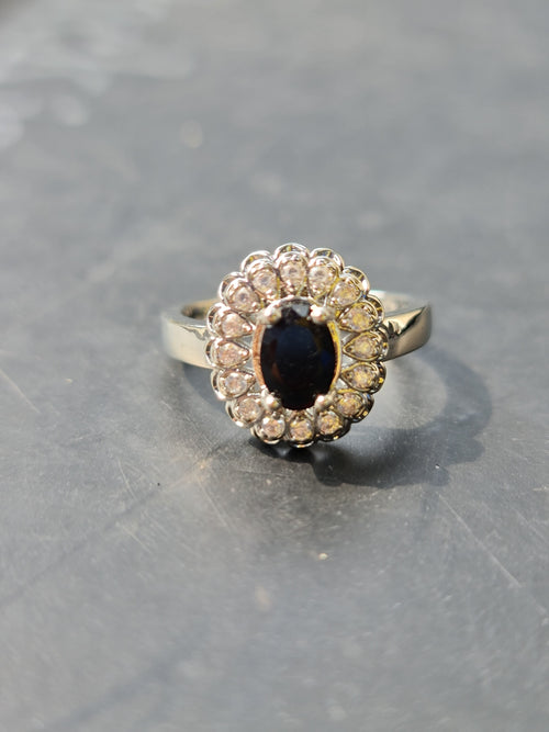 Black Oval Stone Silver Zirconia Ring