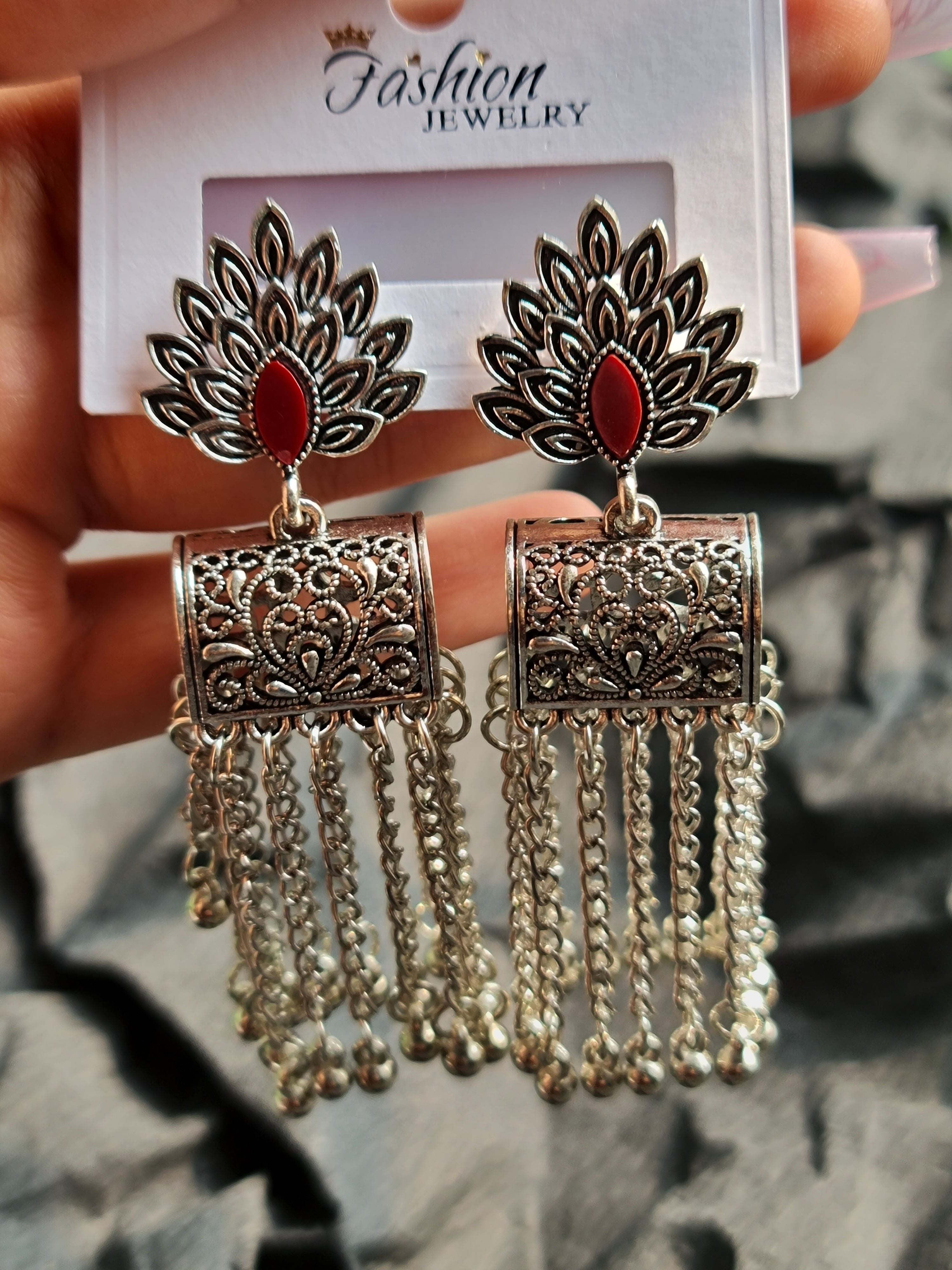 Oxidised Silver Jhumka Earrings With Red Stones