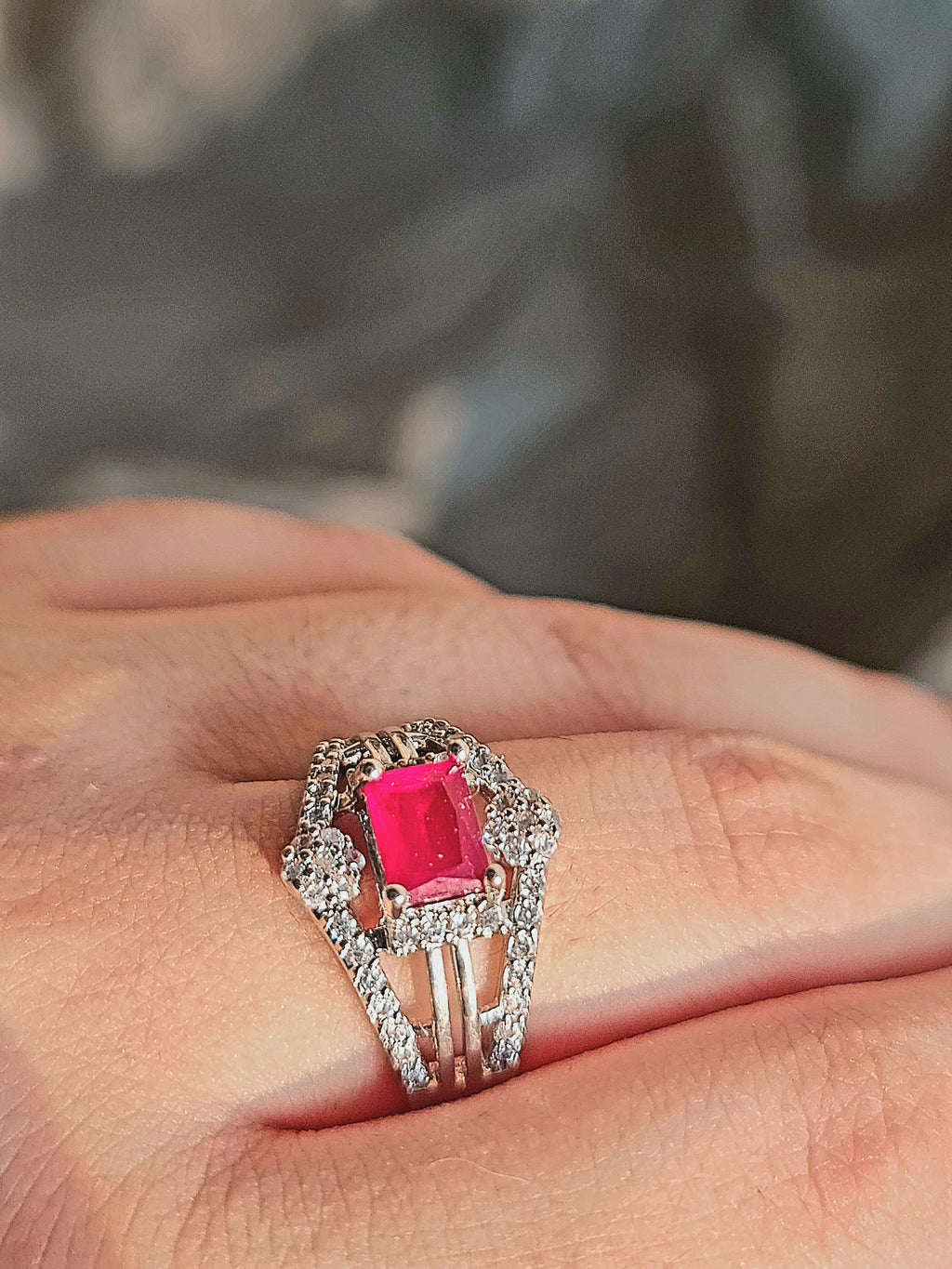 Vibrant Rectangular Cut Ruby Silver Ring