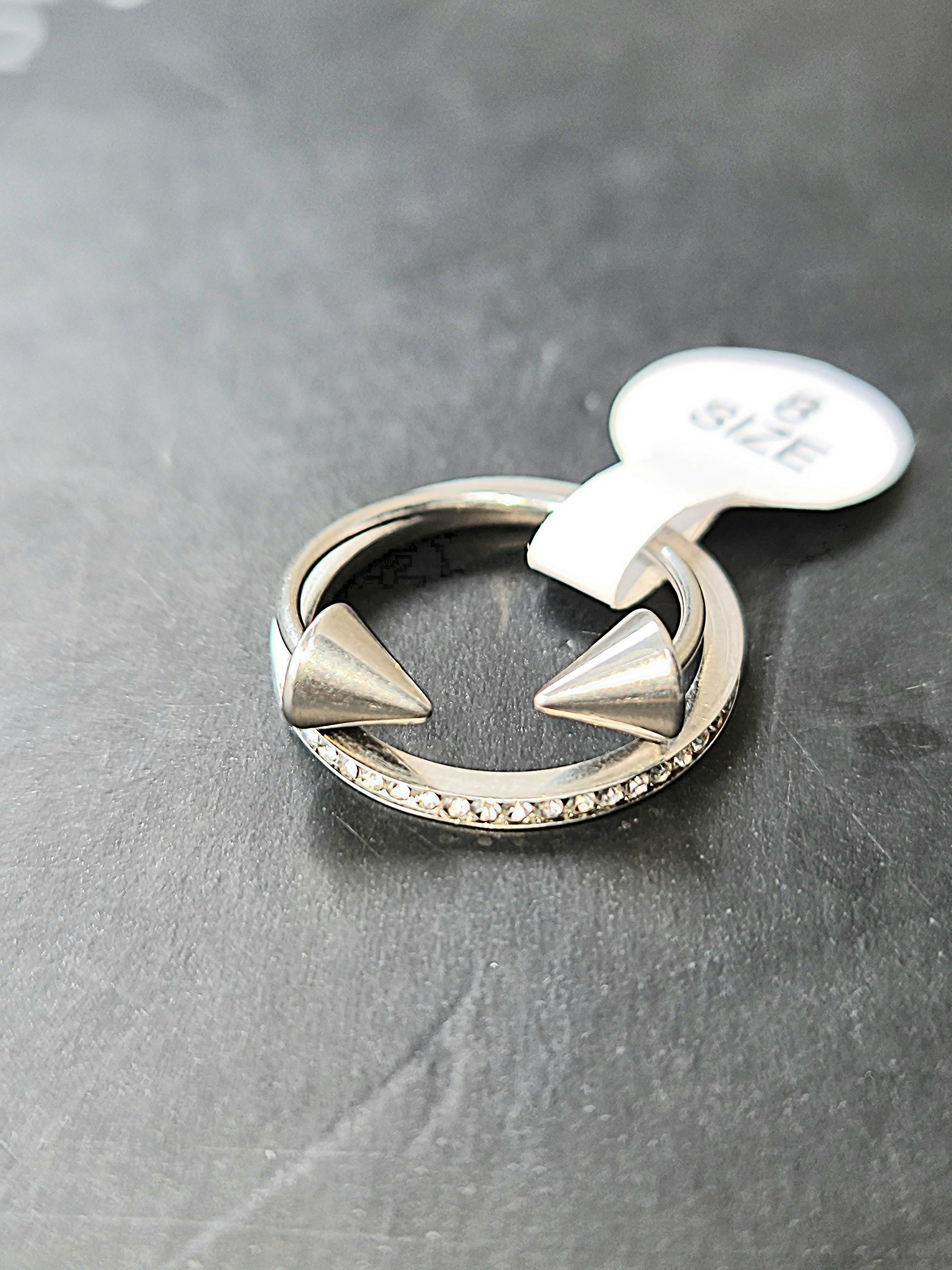Silver Toned Spiked & Crystal Stainless Steel Ring