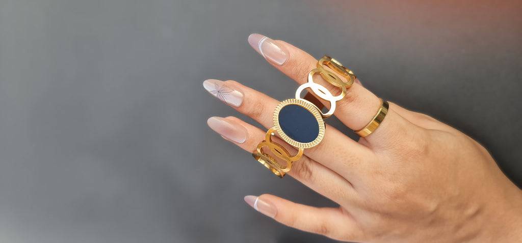 Gold-Toned Stainless Steel Chain Bracelet with Black Inlay
