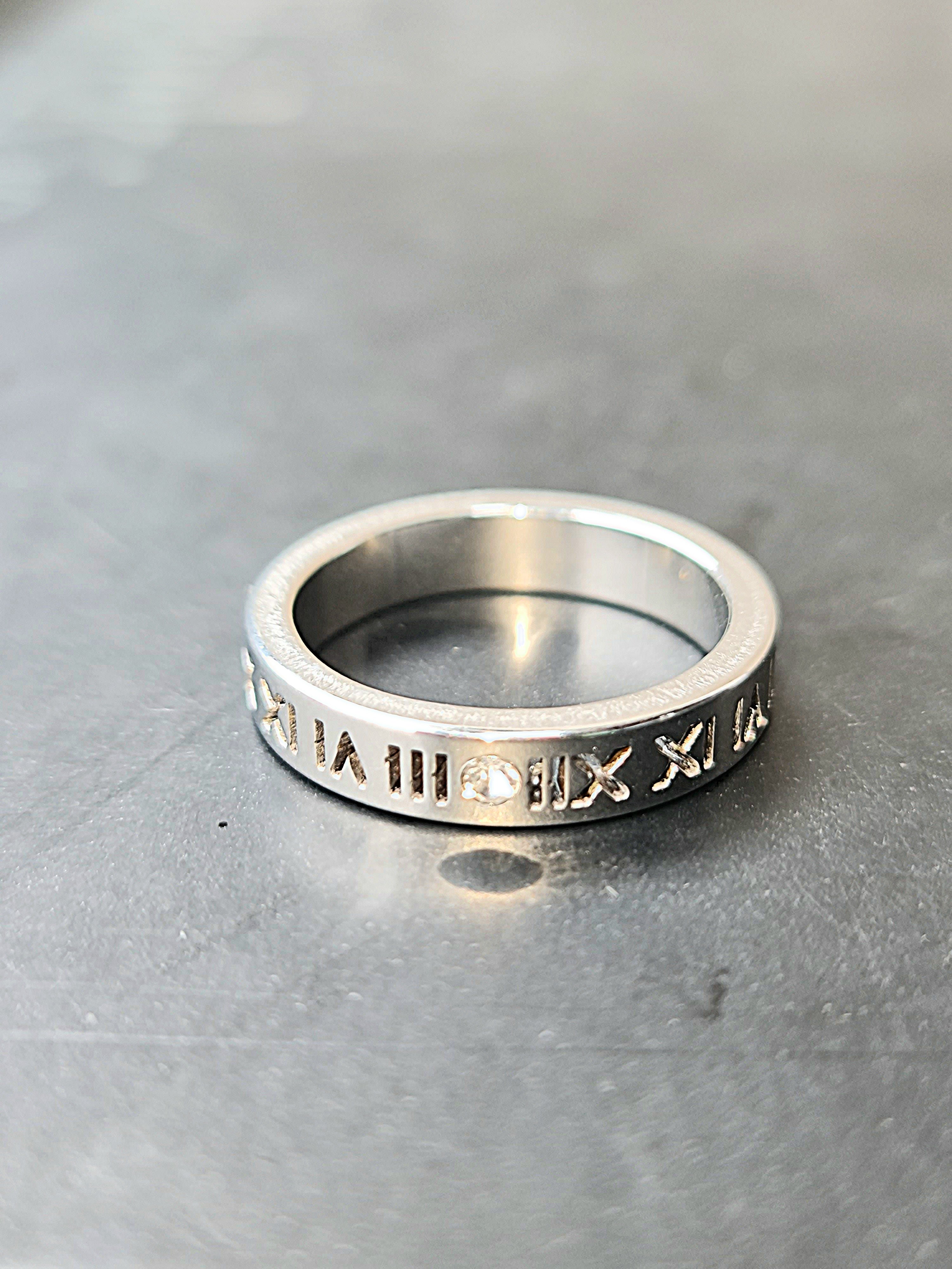 Roman Numeral Band Ring with Pave Crystals Stainless Steel
