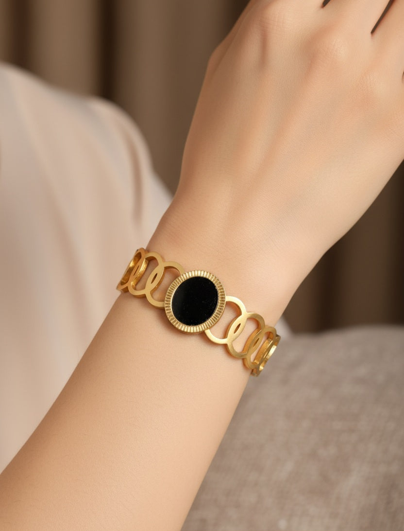 Gold-Toned Stainless Steel Chain Bracelet with Black Inlay