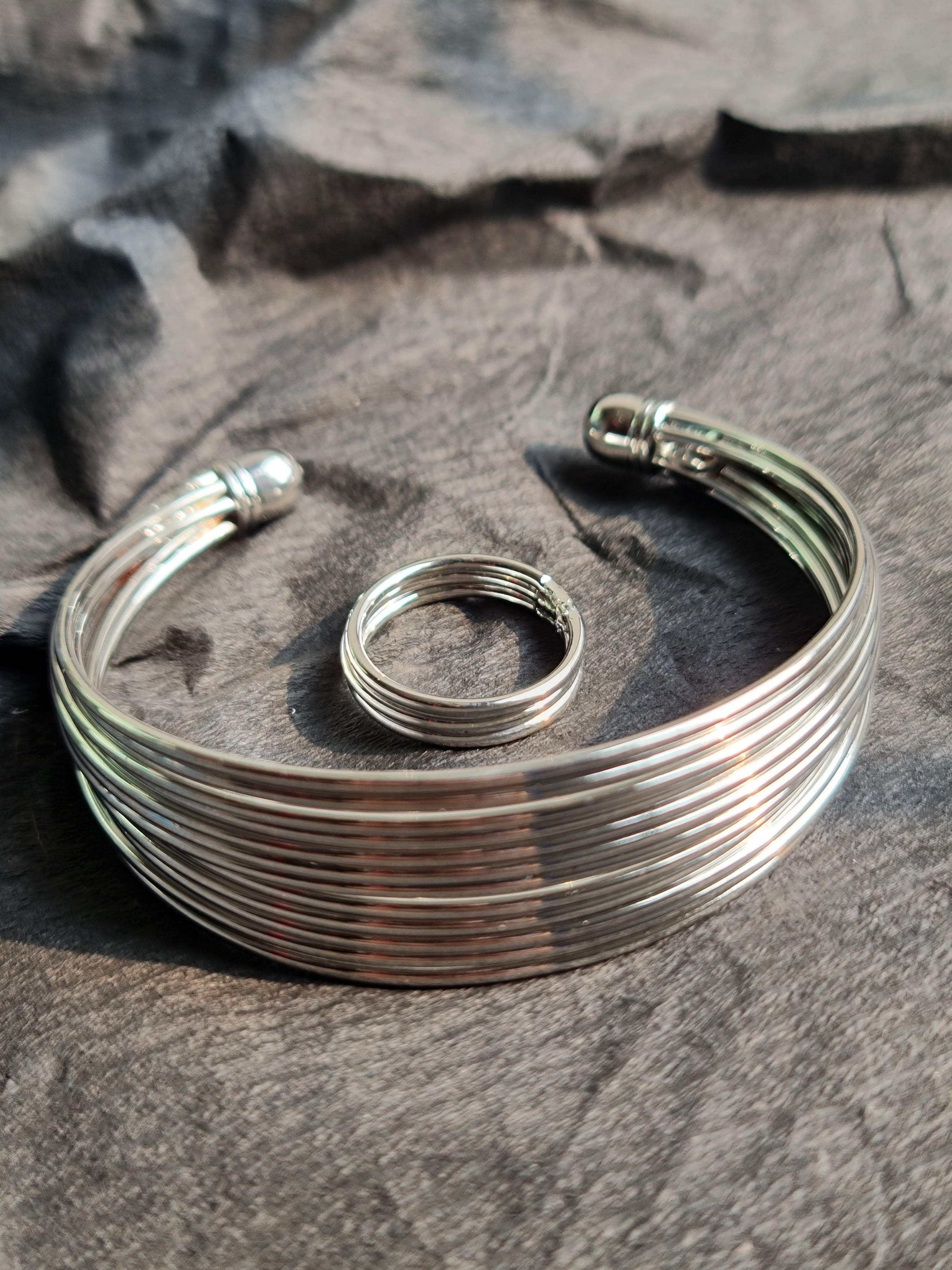 Multi Strand Silver Tone Bangle & Ring Set