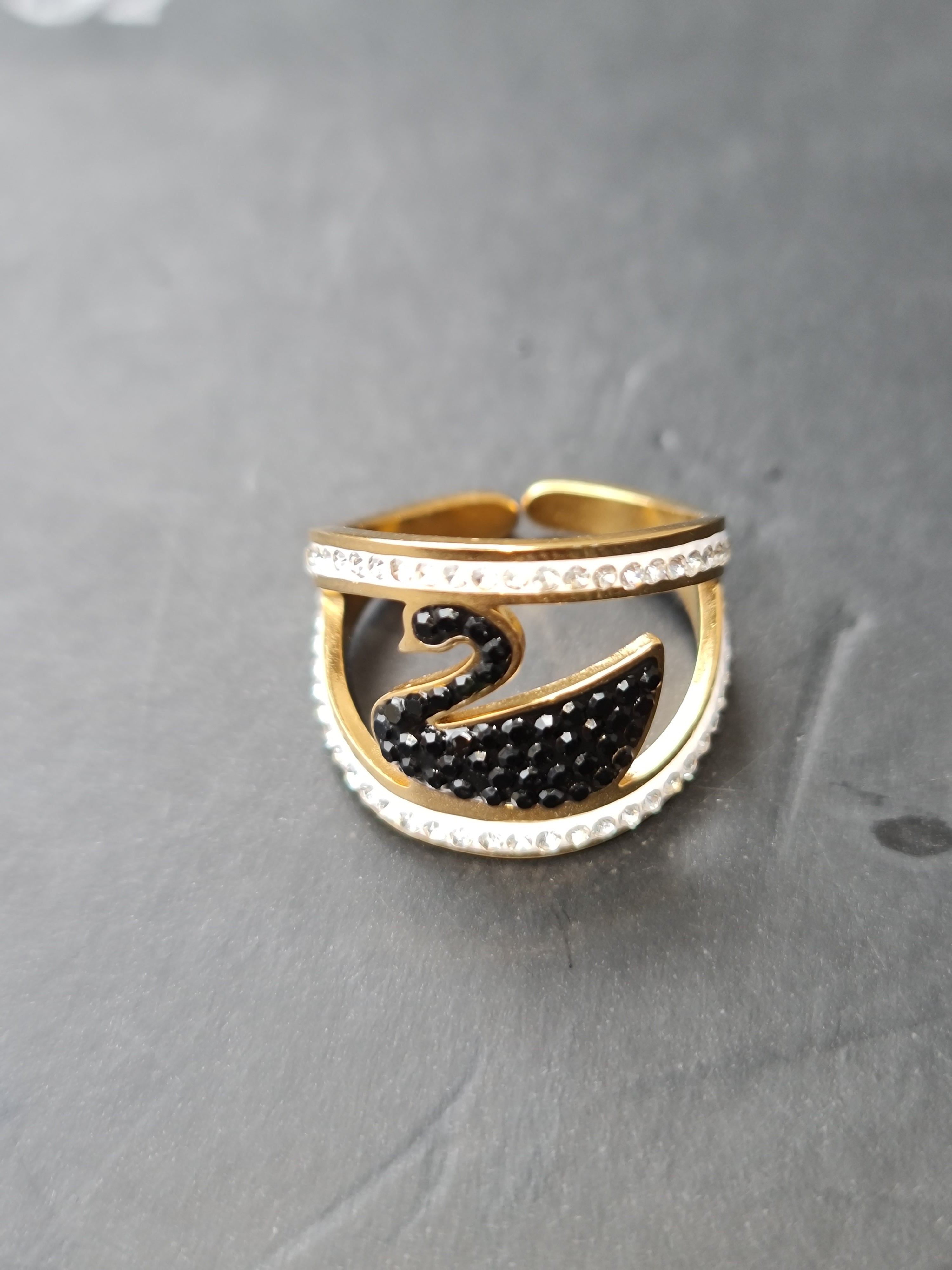 Swan Ring with Pave Crystals Stainless Steel