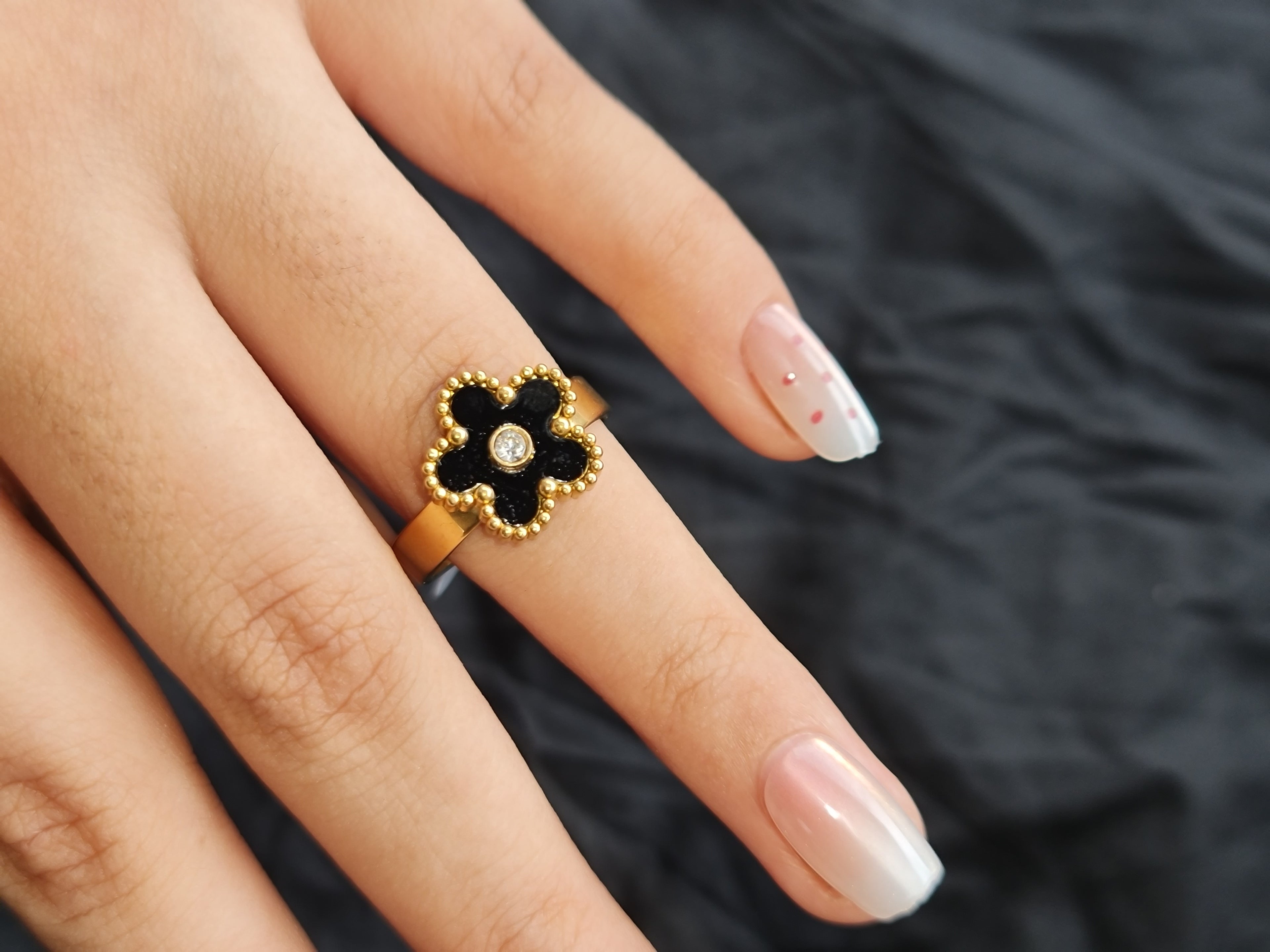 Black Enamel Flower Gold Toned Ring Stainless Steel