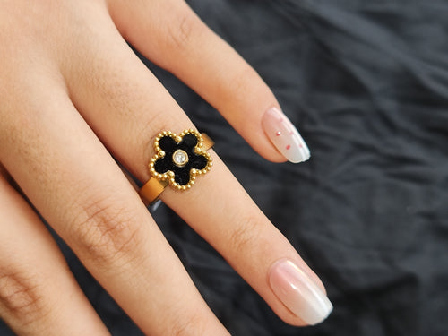 Black Enamel Flower Gold Toned Ring Stainless Steel