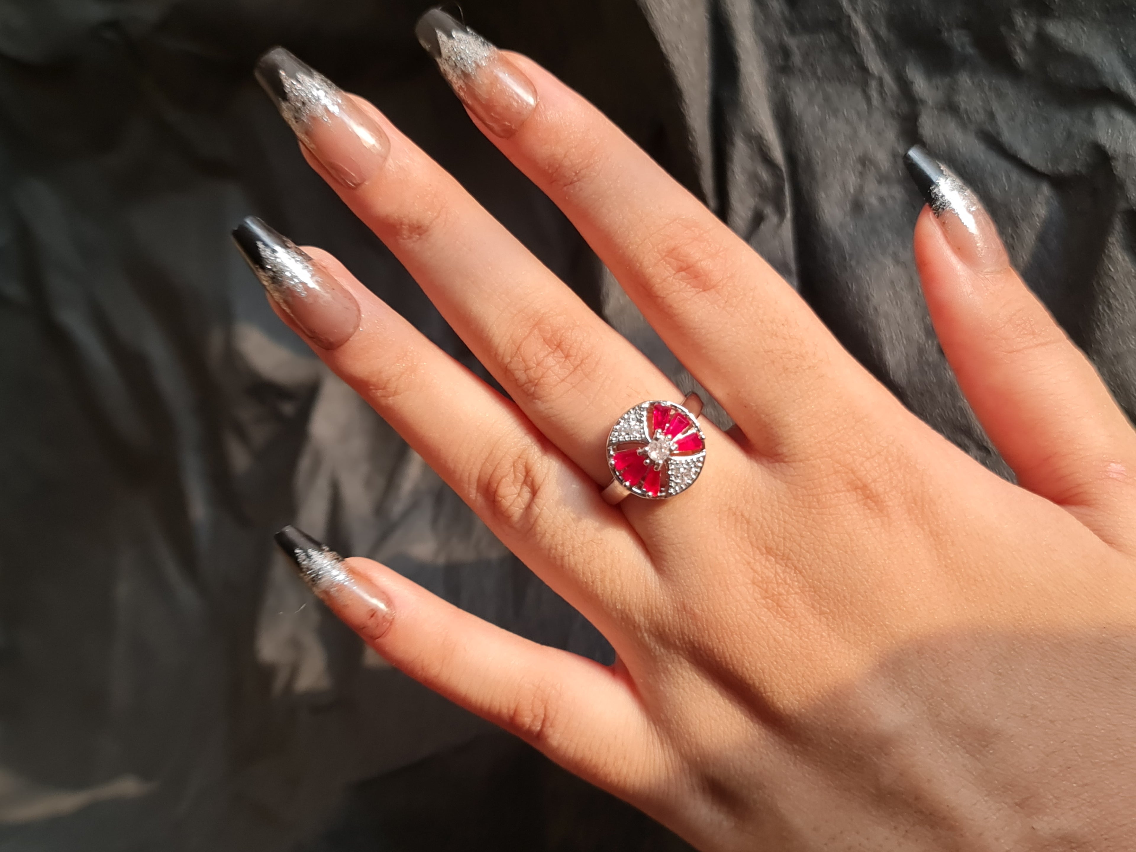 Red Silver Bow Stone Cut Zircon Accents Ring