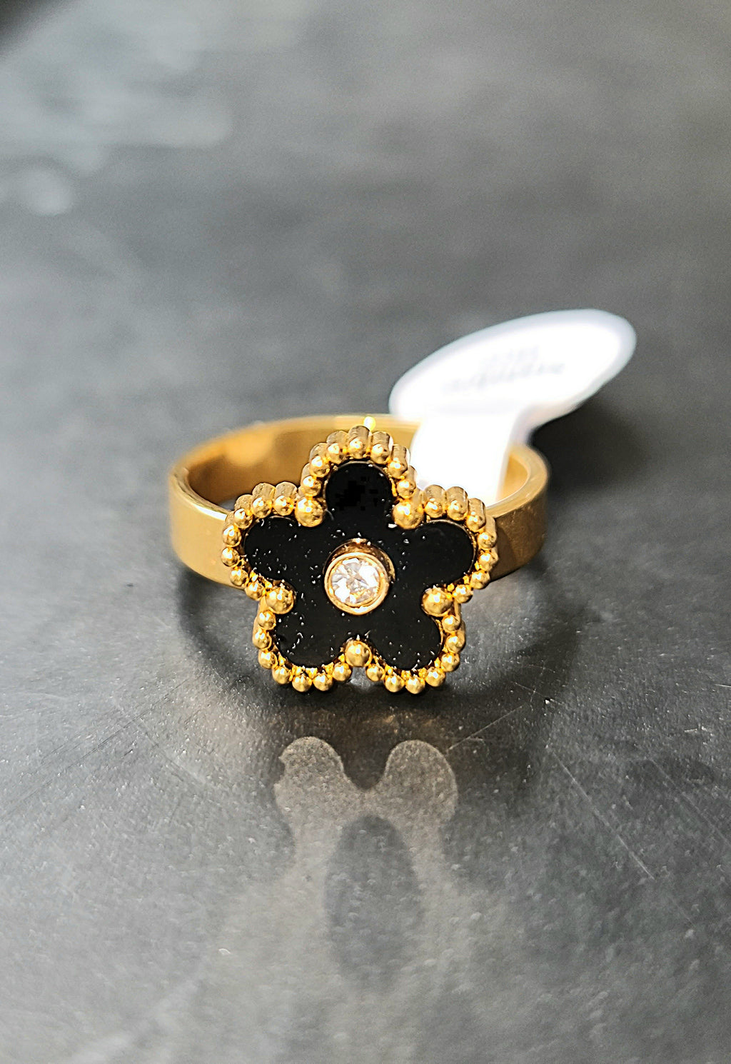 Black Enamel Flower Gold Toned Ring Stainless Steel