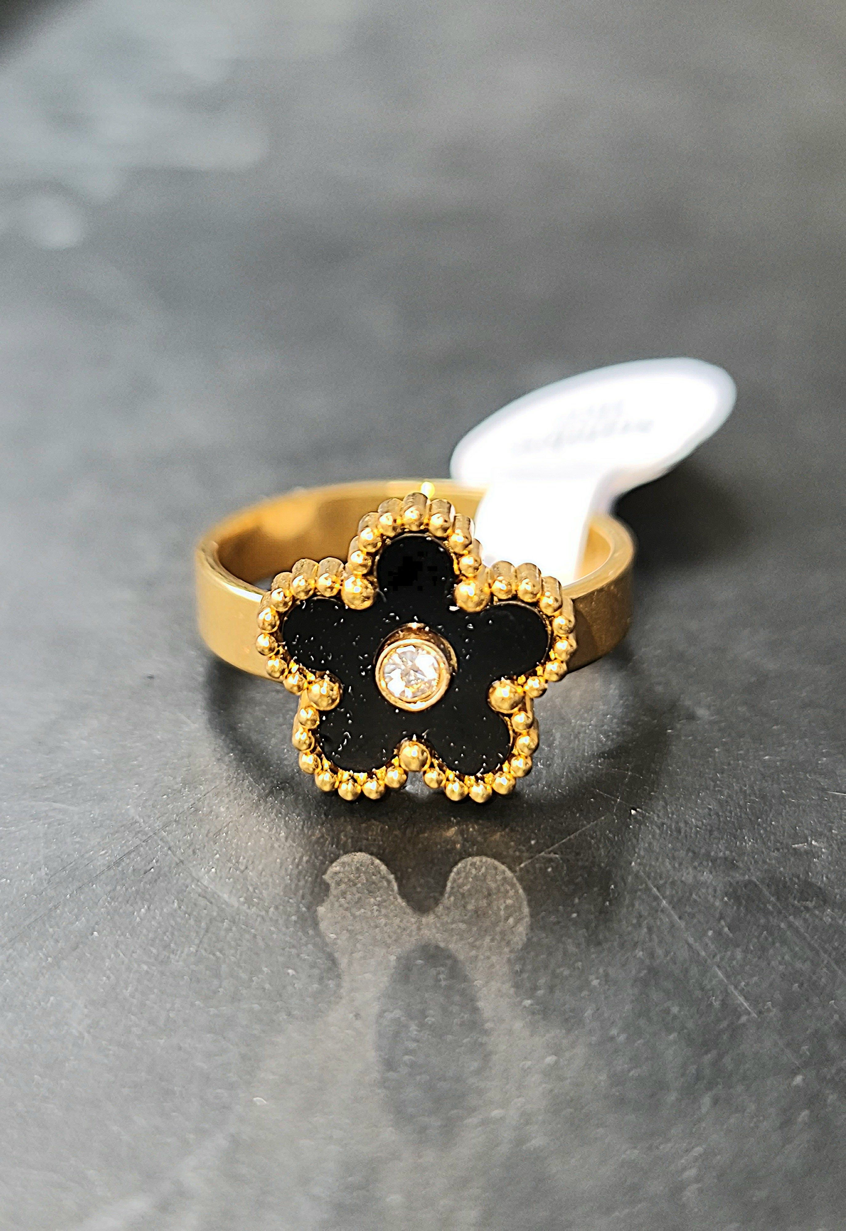 Black Enamel Flower Gold Toned Ring Stainless Steel