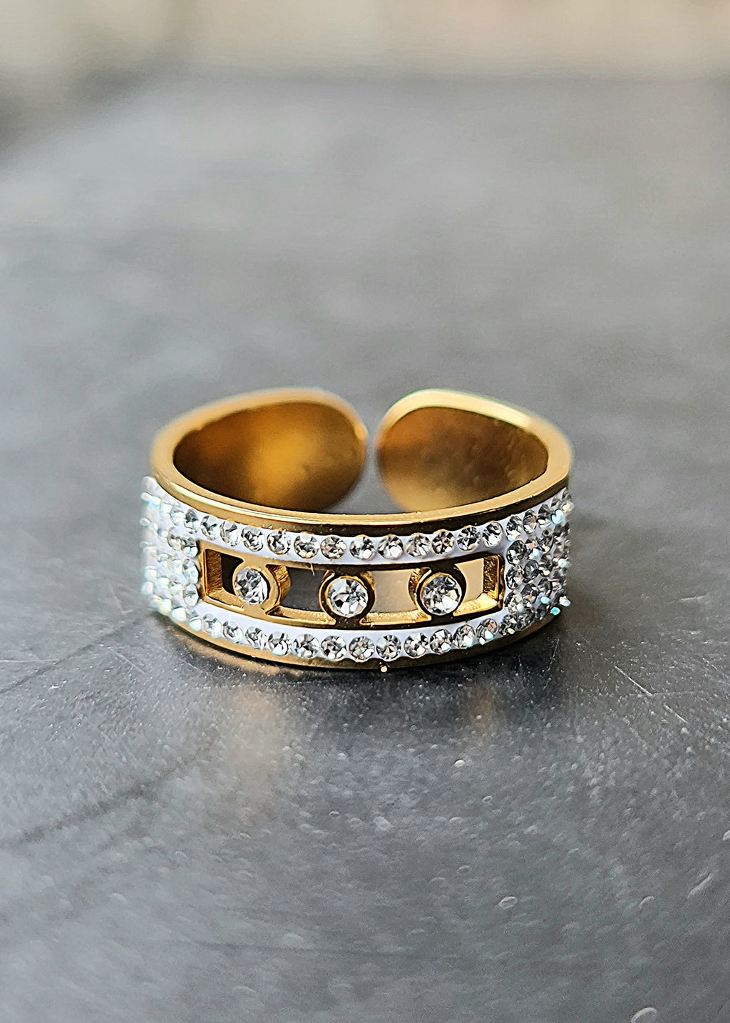 Stainless Steel Gold-Toned Pavè Ring