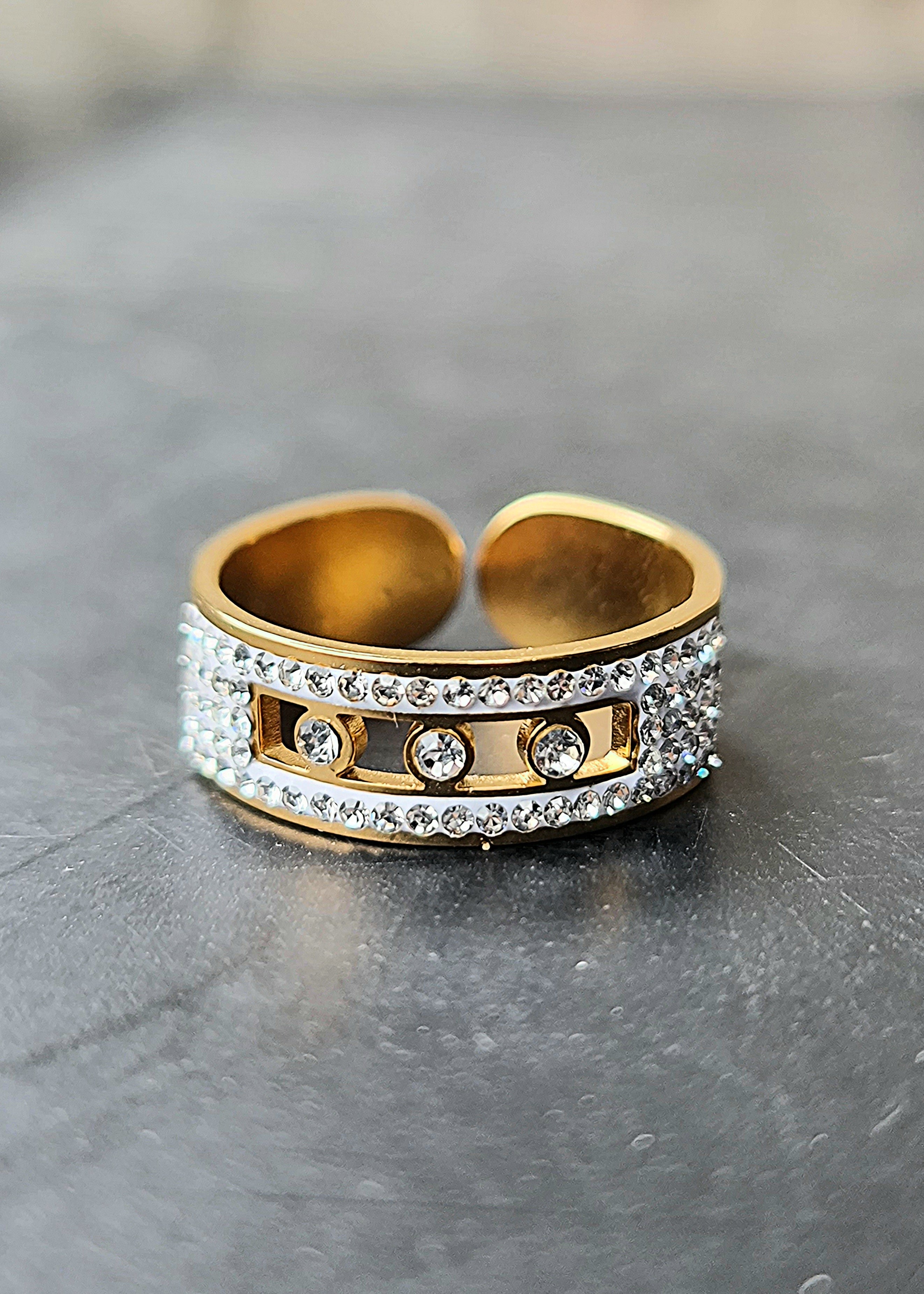 Stainless Steel Gold-Toned Pavè Ring