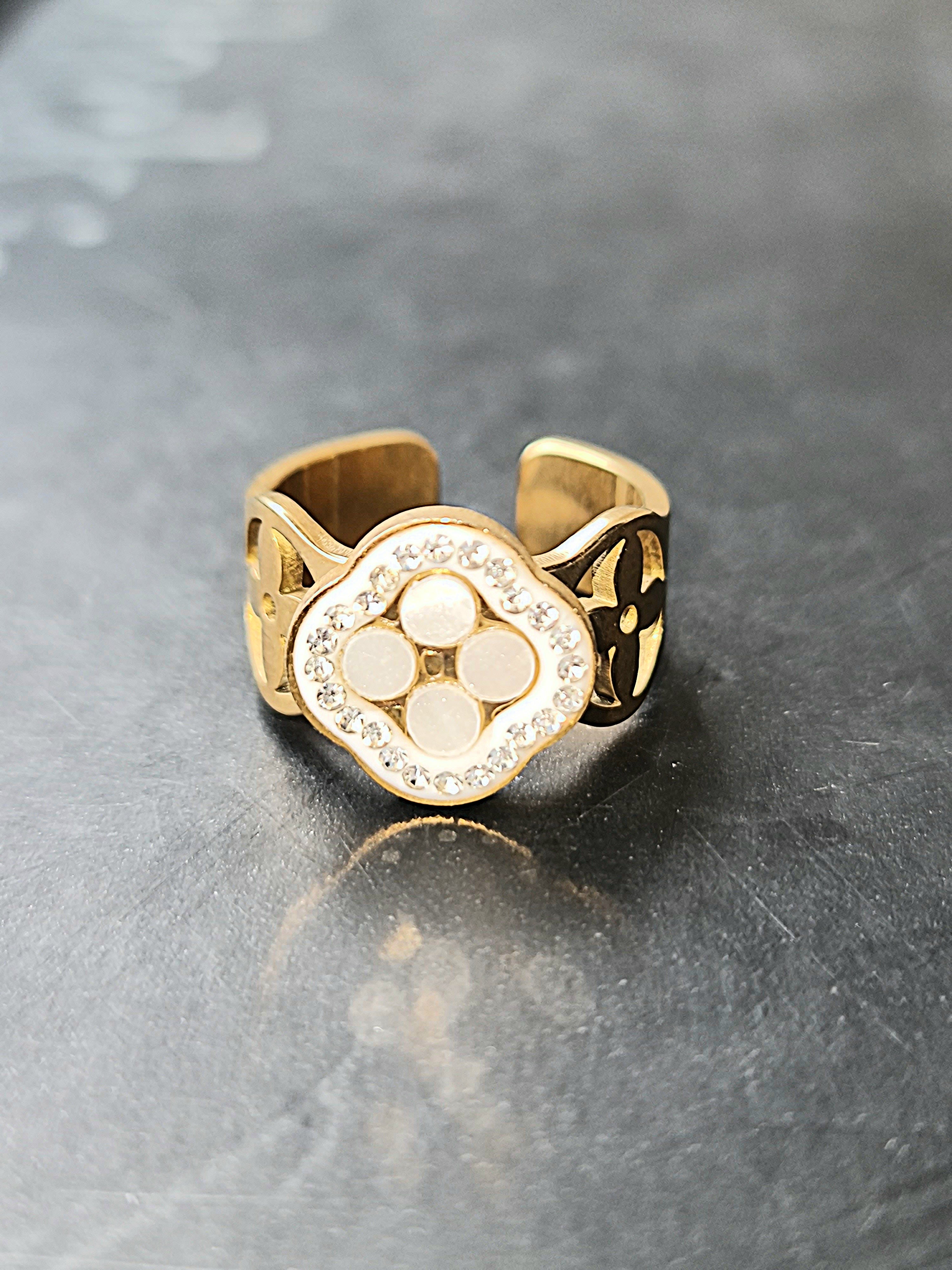 Openwork Floral Cuff Ring with Mother-of Pearl Inlay and Crystals Stainless Steel