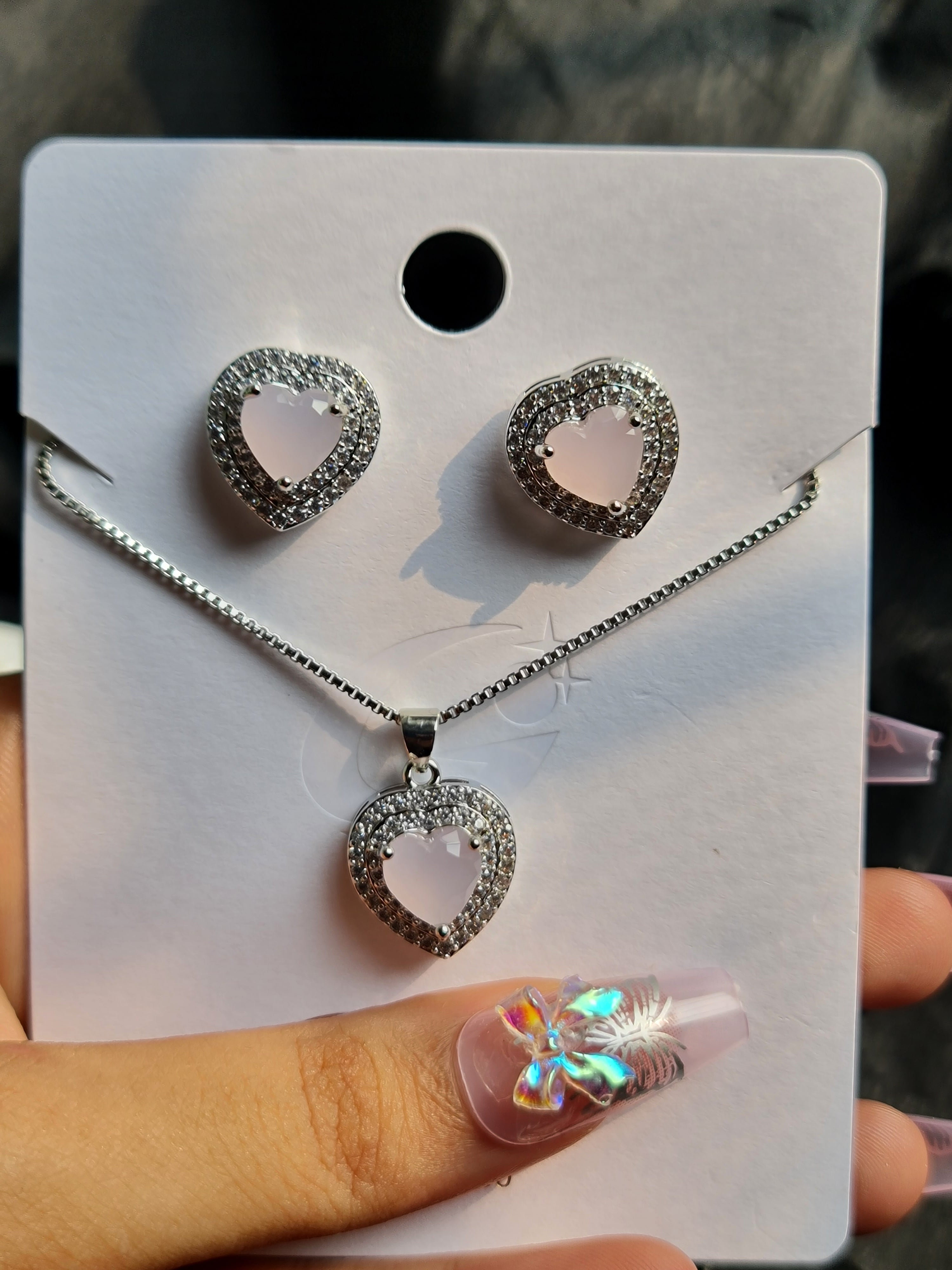 Sterling Silver and Baby Pink Heart Zircon Jewellery Set