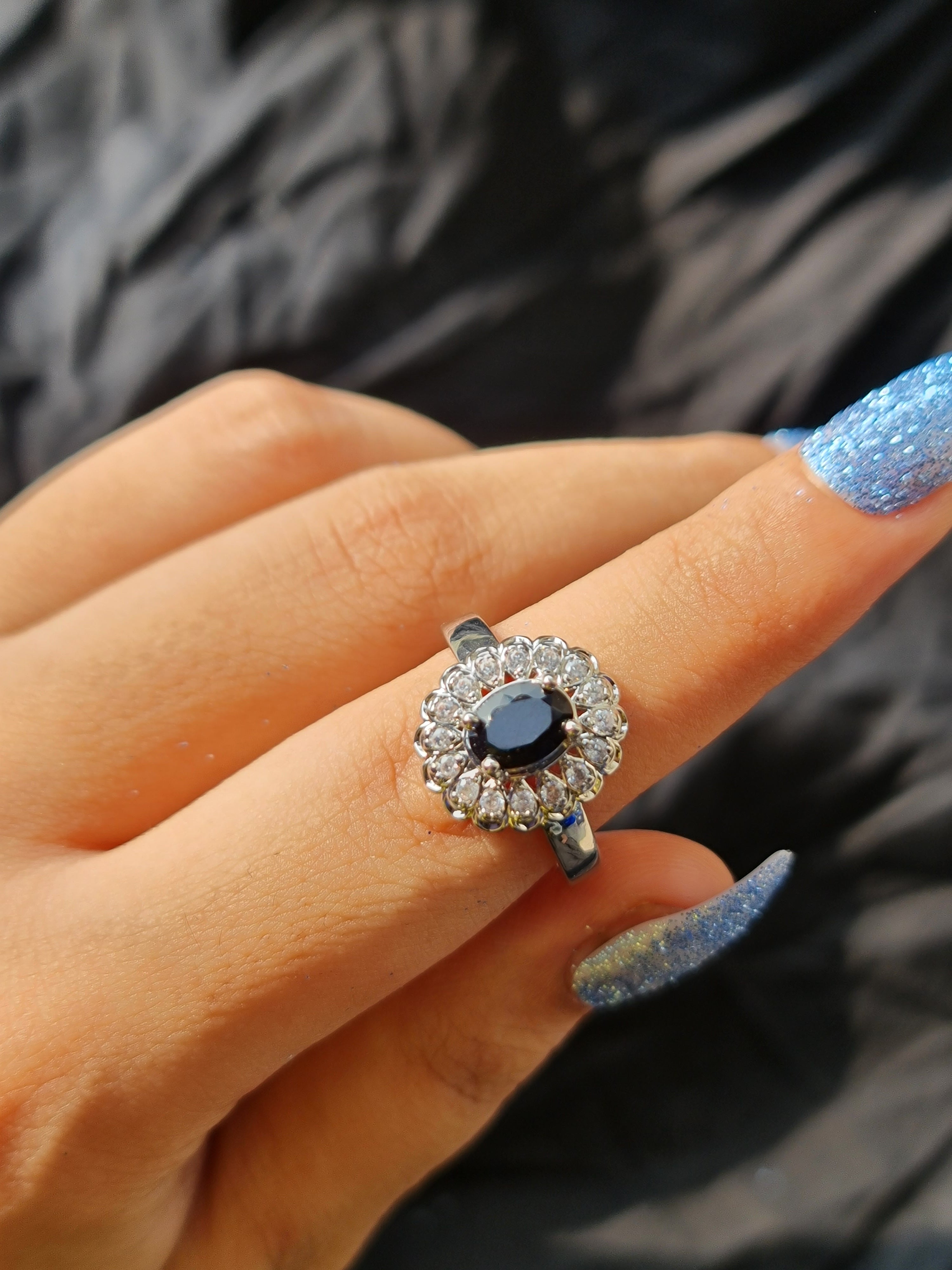 Black Oval Stone Silver Zirconia Ring