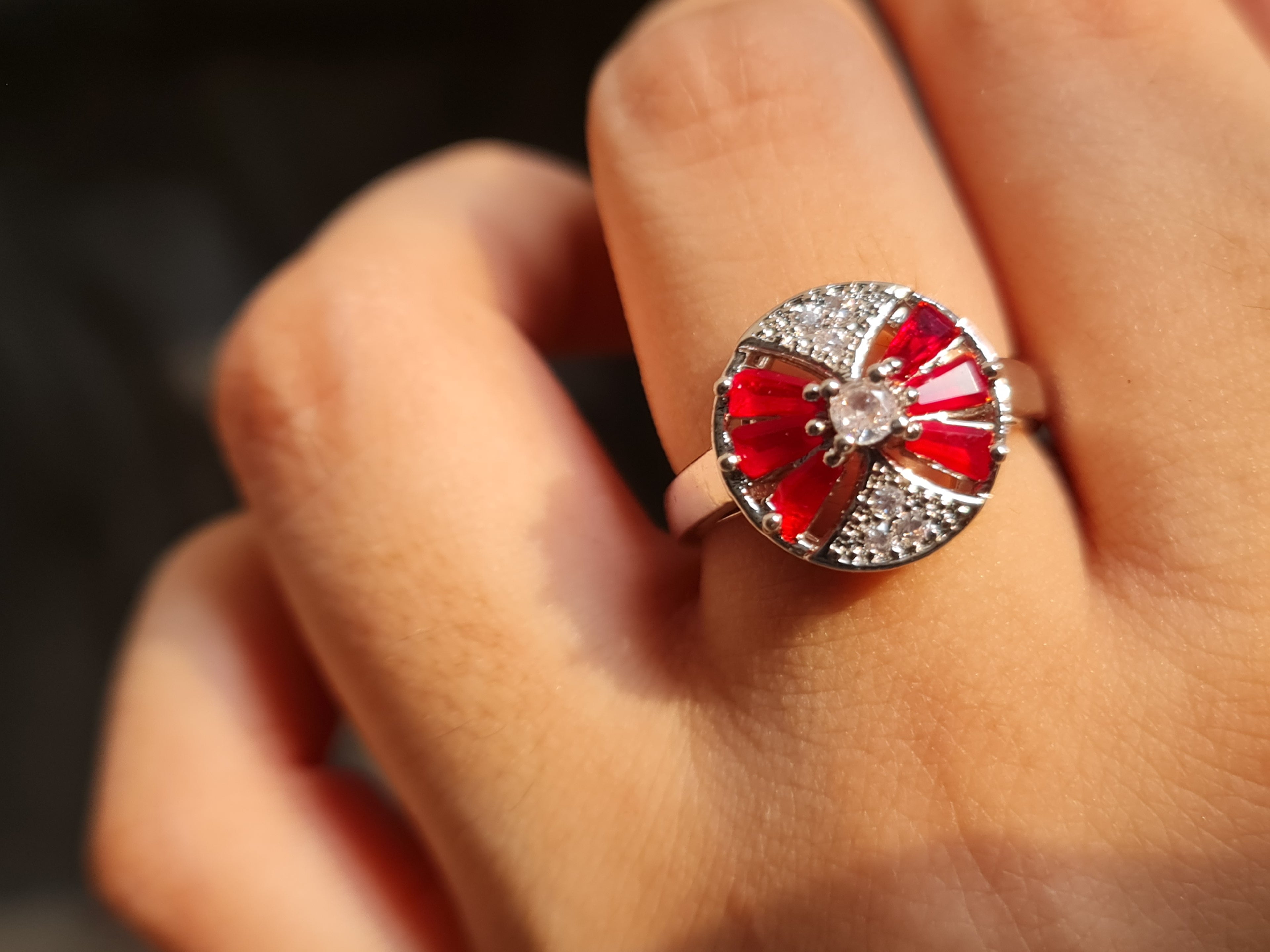 Red Silver Bow Stone Cut Zircon Accents Ring