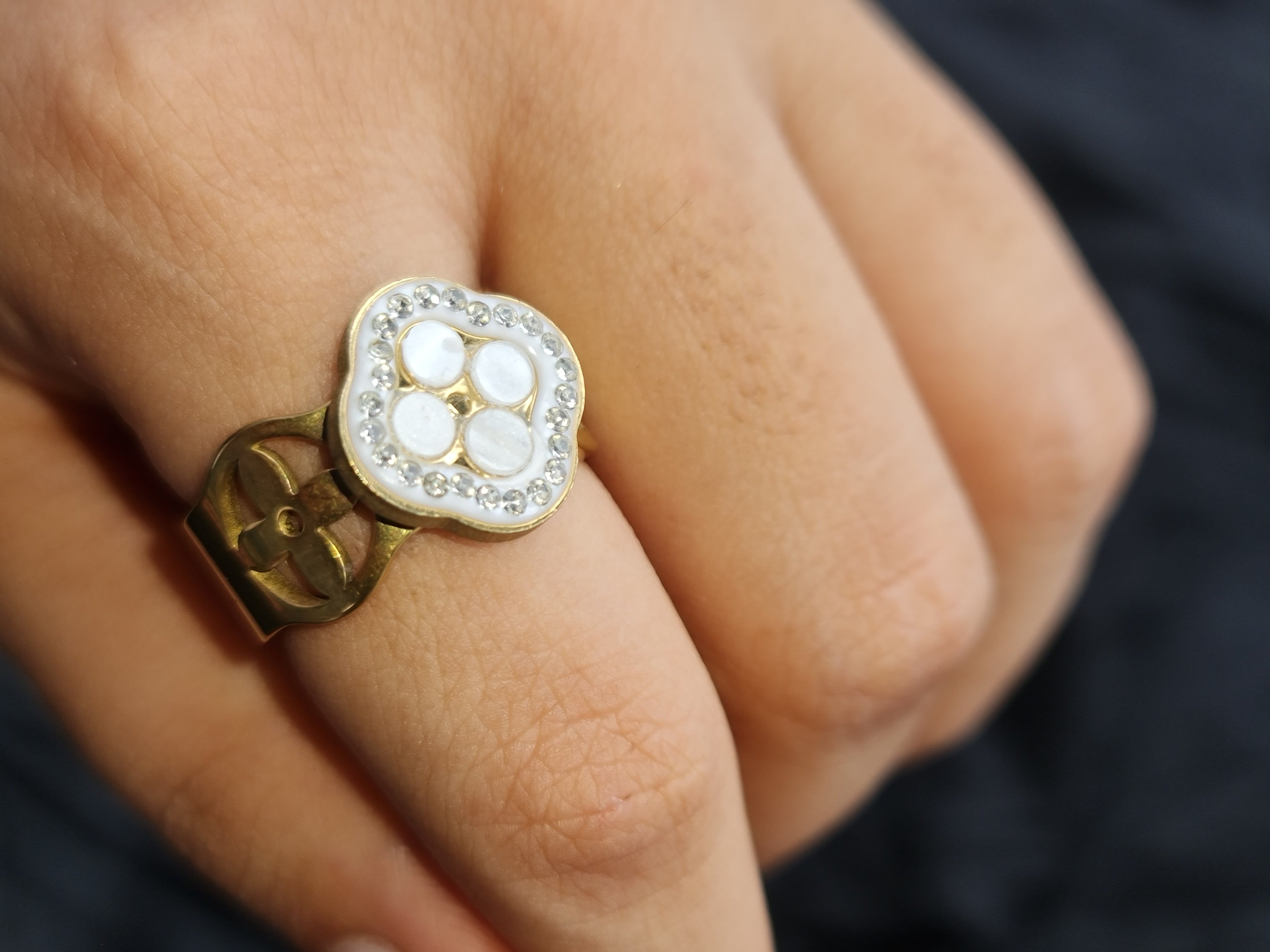 Openwork Floral Cuff Ring with Mother-of Pearl Inlay and Crystals Stainless Steel