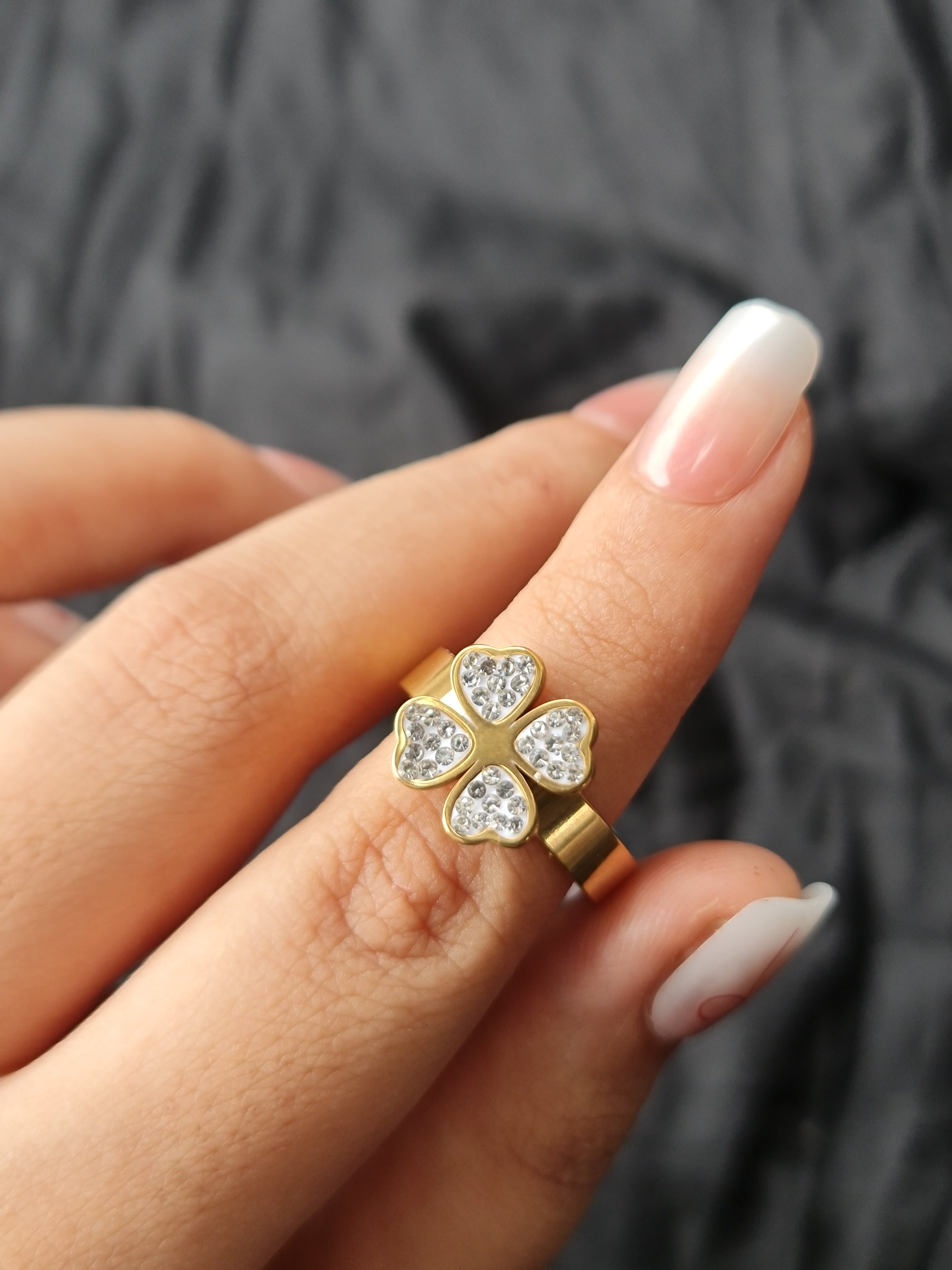 Stainless Steel Gold Toned Four Leaf Clover Ring