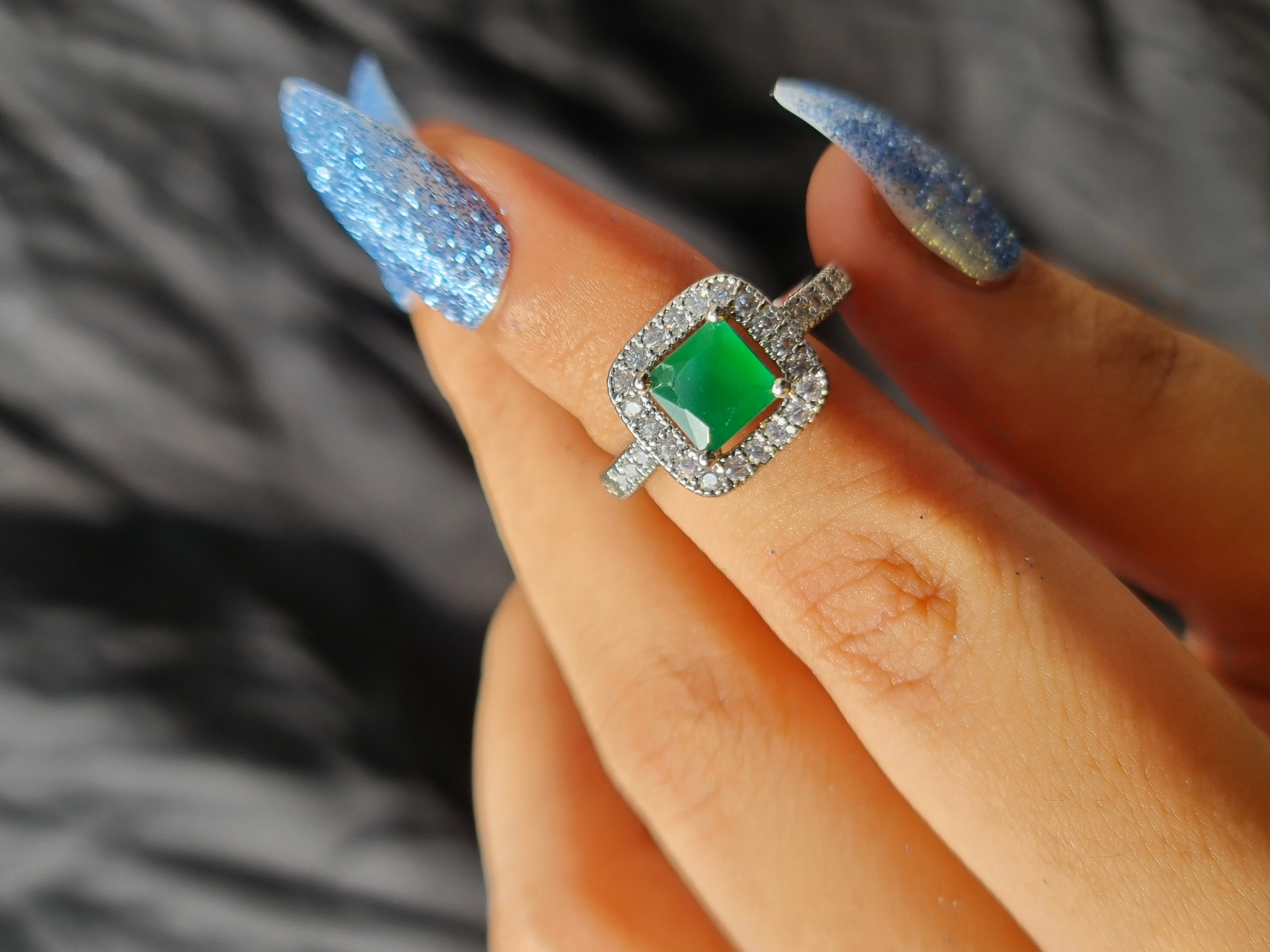 Green Stone Halo Adjustable Ring