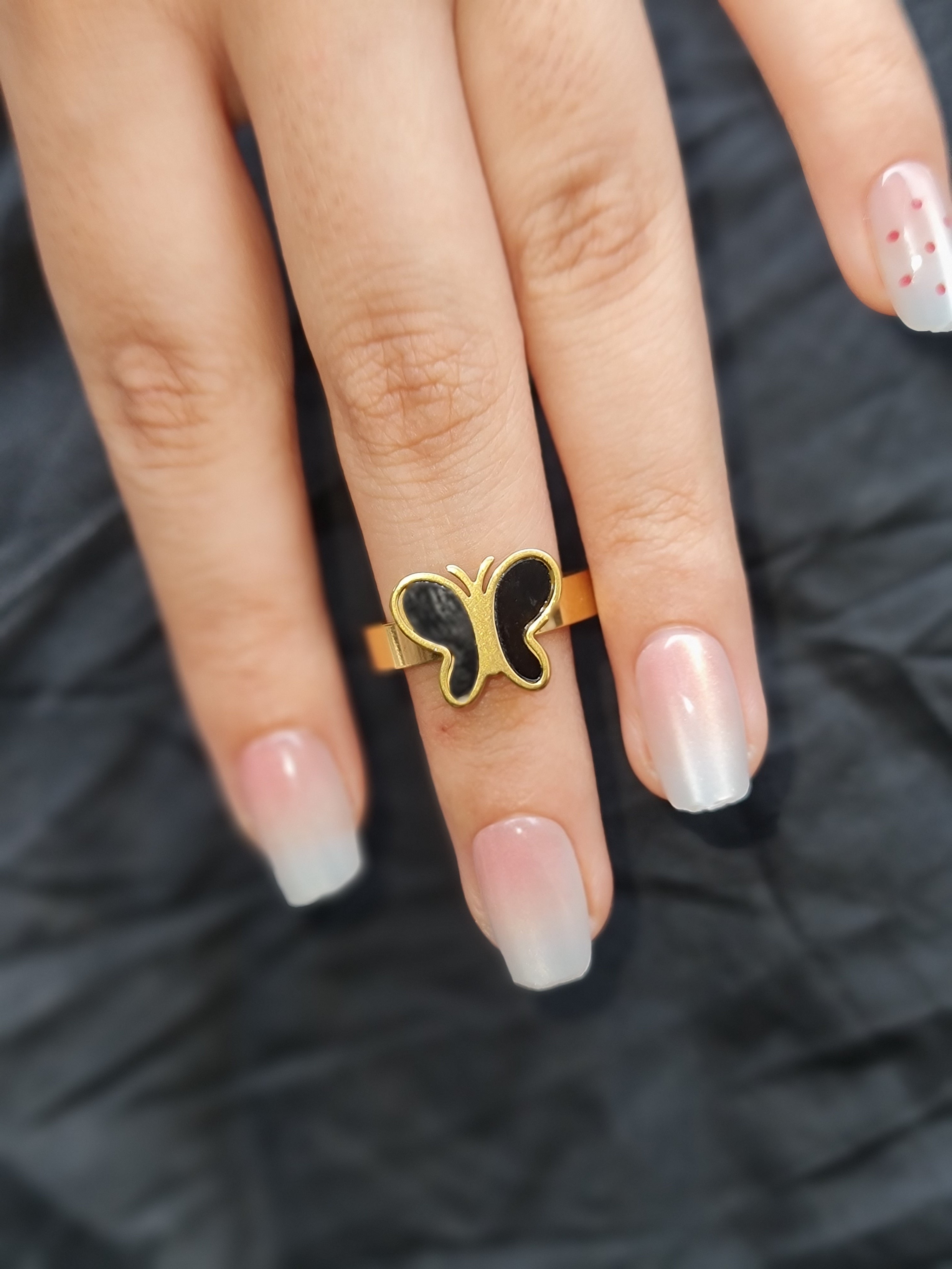 Stainless Steel Gold Toned Butterfly Ring with Black Inlay