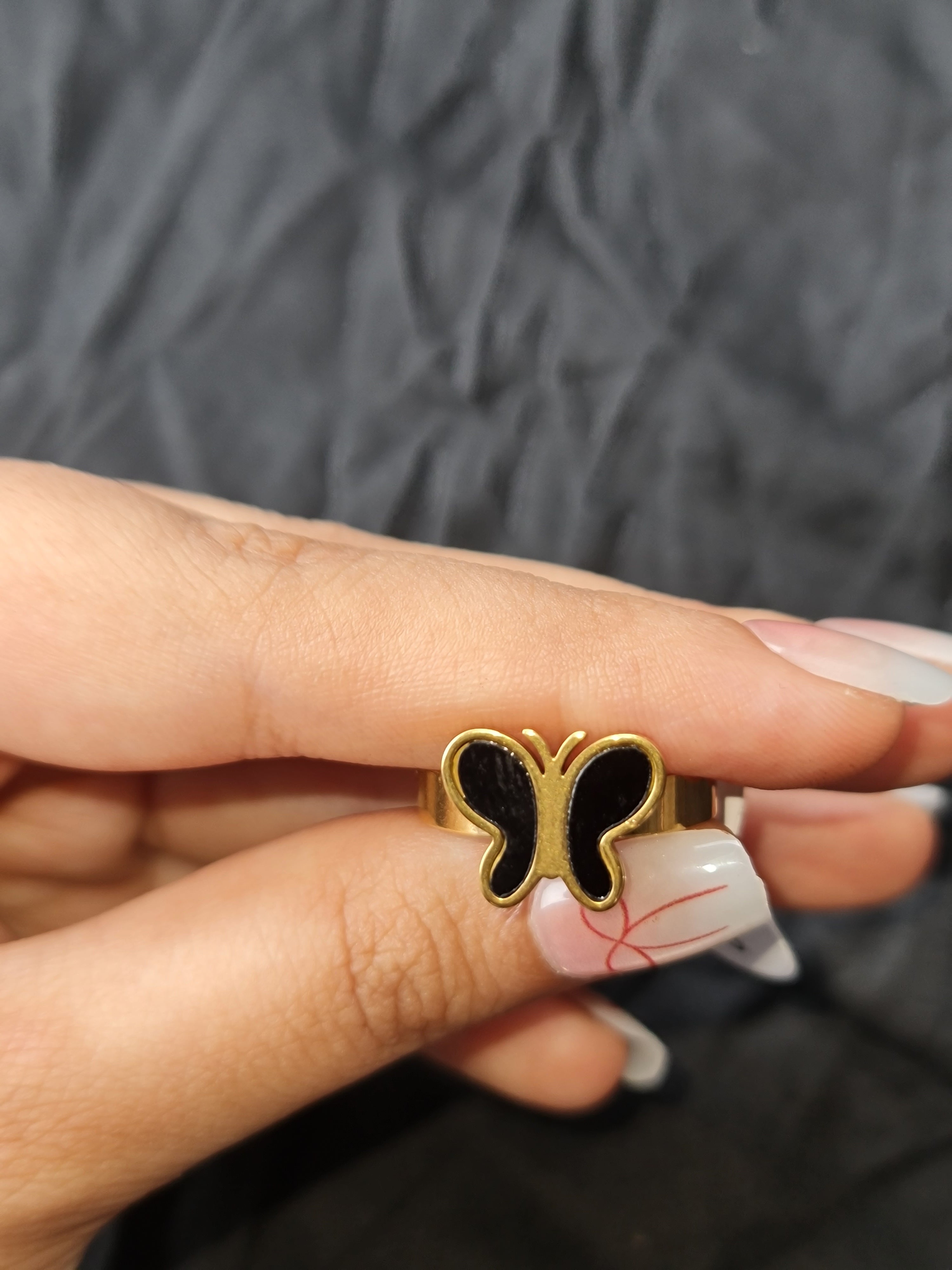 Stainless Steel Gold Toned Butterfly Ring with Black Inlay